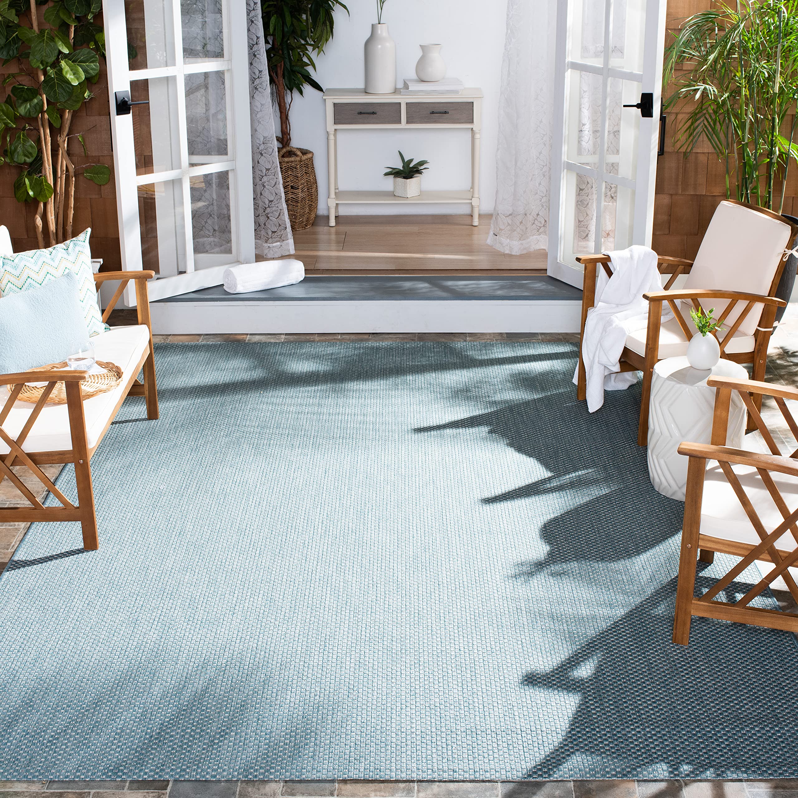 SAFAVIEH Courtyard Collection Area Rug - 71 Square, Aqua & Grey, Non-Shedding & Easy Care, Indoor/Outdoor & Washable-Ideal for 