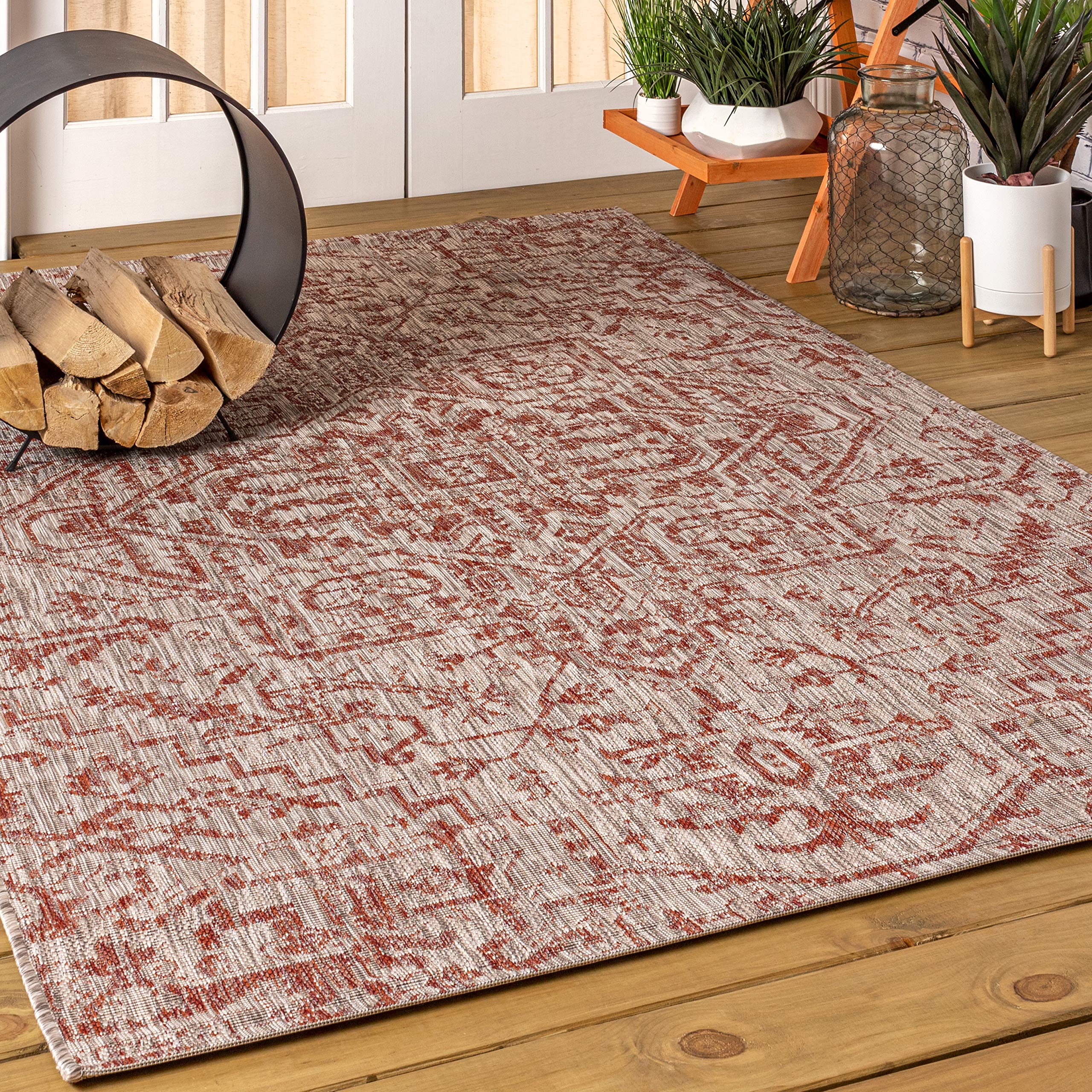 JONATHAN Y SMB105A-6 Estrella Bohemian Medallion Textured Weave Red/Taupe 6 ft. x 9 ft. Indoor/Outdoor Area Rug, Pet Friendly, N