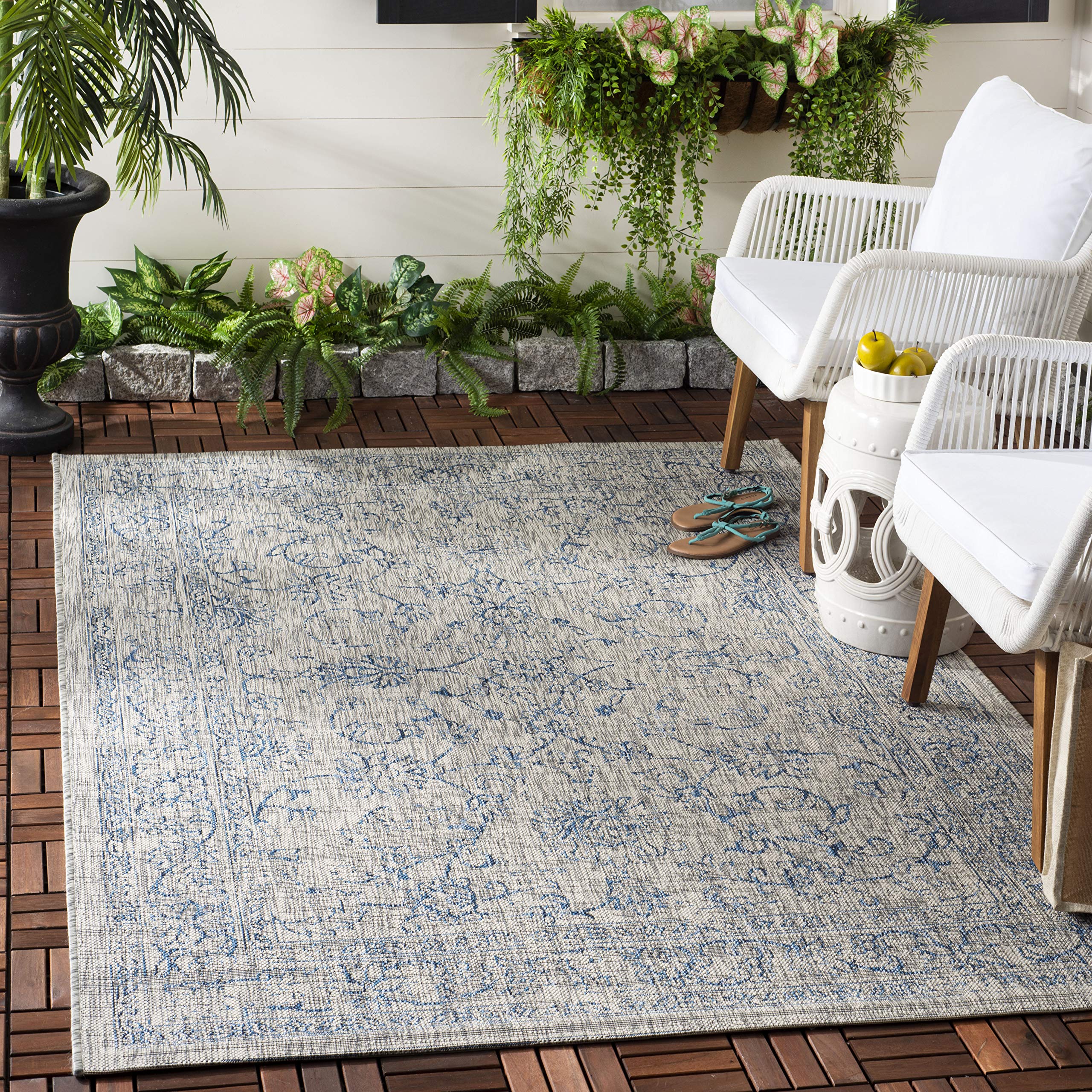 SAFAVIEH Courtyard Collection 4 Square Grey/Navy CY8680 Indoor/ Outdoor Waterproof Easy Cleaning Patio Backyard Mudroom Accent 