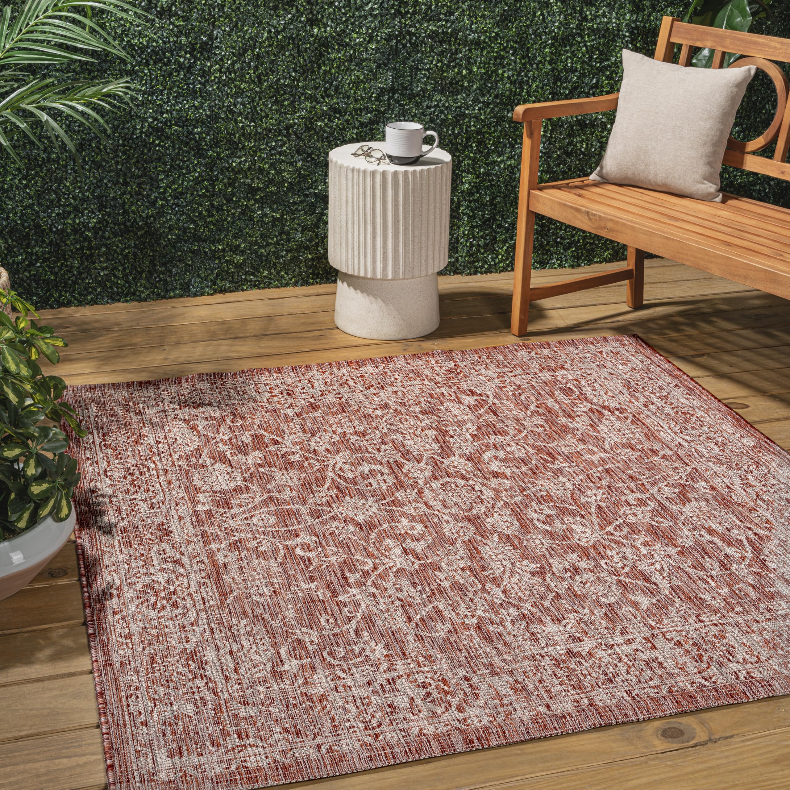 JONATHAN Y SMB100A-3SQ Tela Bohemian Textured Weave Floral Red/Taupe 3 Square Indoor/Outdoor Area Rug, Pet Friendly, Non-Sheddi