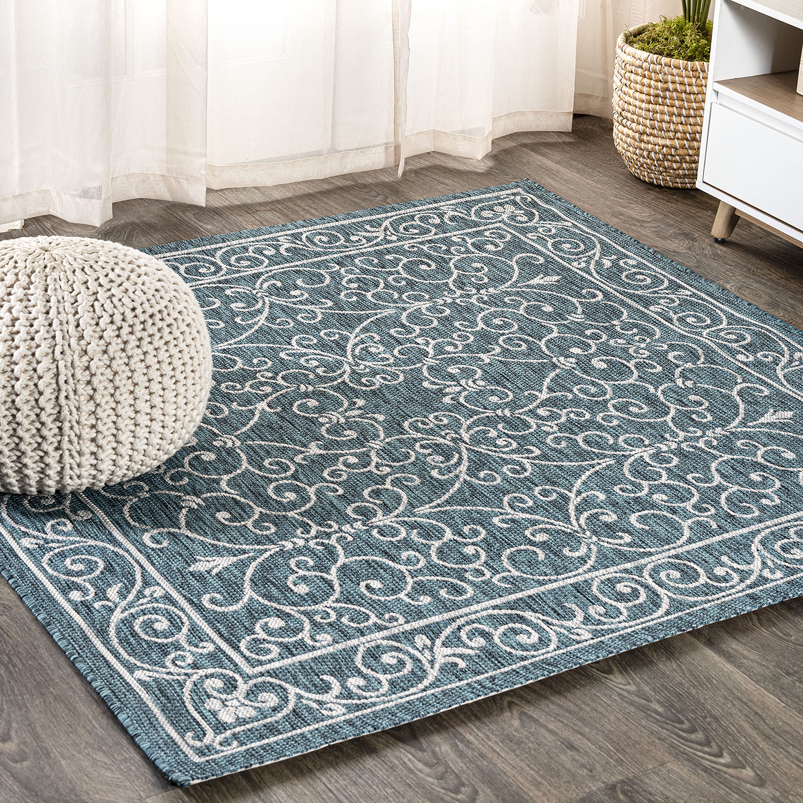 JONATHAN Y SMB106F-8SQ Charleston Vintage Filigree Textured Weave Teal/Gray 8 Square Indoor/Outdoor Area Rug, Pet Friendly, Non