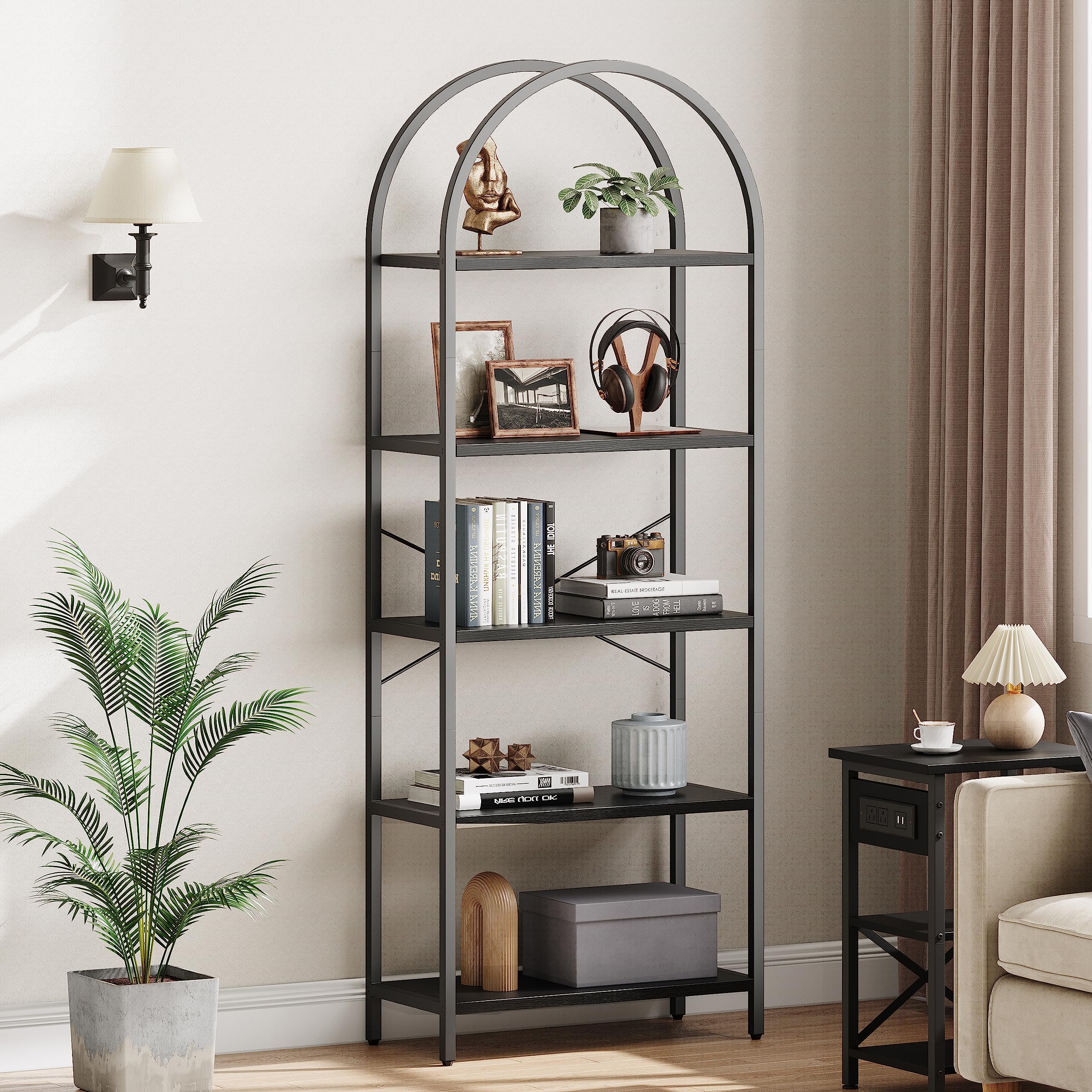 IDEALHOUSE Bookshelf 5 Tier Bookcase Arched Display Racks Tall Standing Bookshelves Metal Frame Open Storage Rack Shelf Large Bl