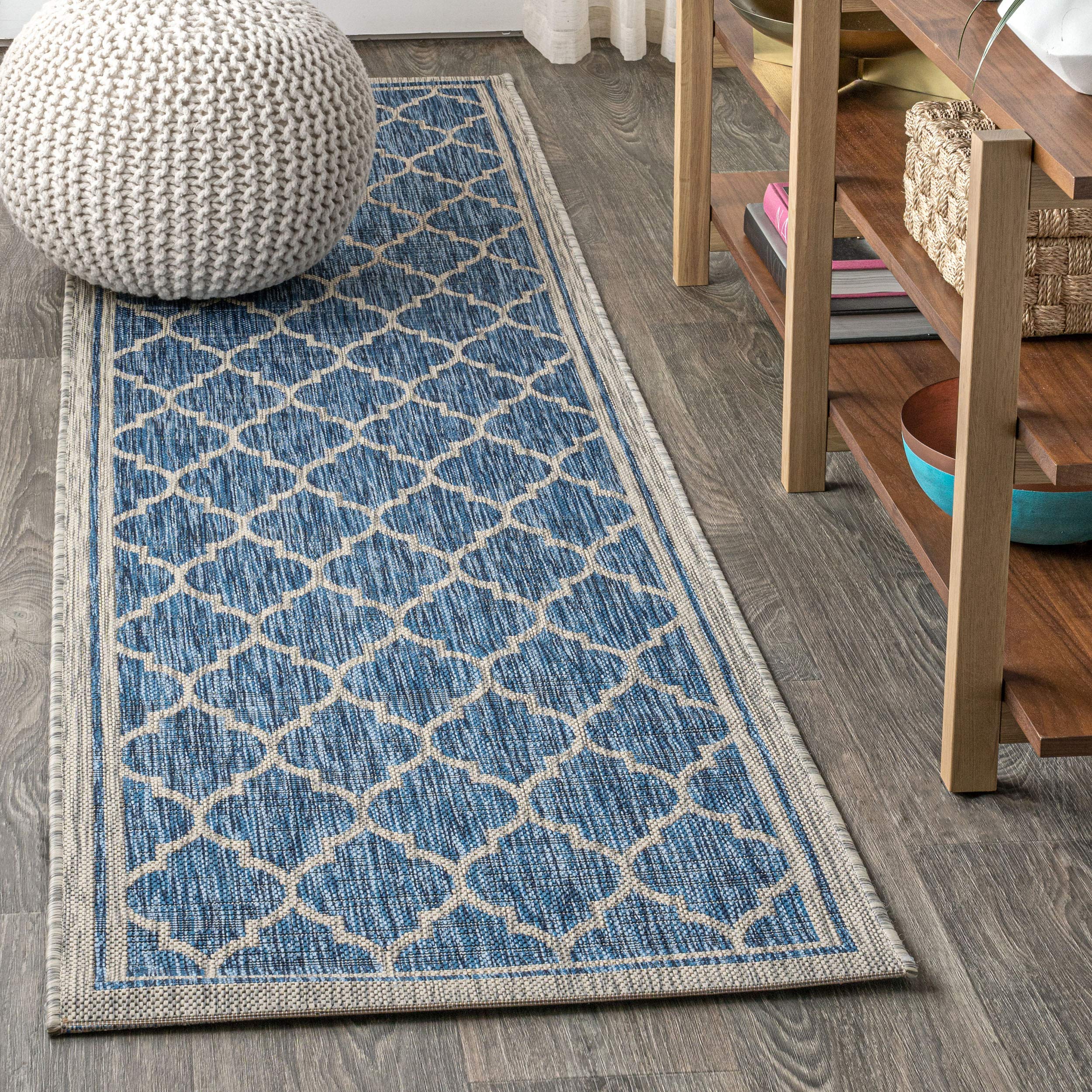 JONATHAN Y Moroccan Trellis Indoor Outdoor Runner Rug 2X10 Navy/Gray, Trebol Textured Weave for Backyard, Patio, Porch, Easy-Cle