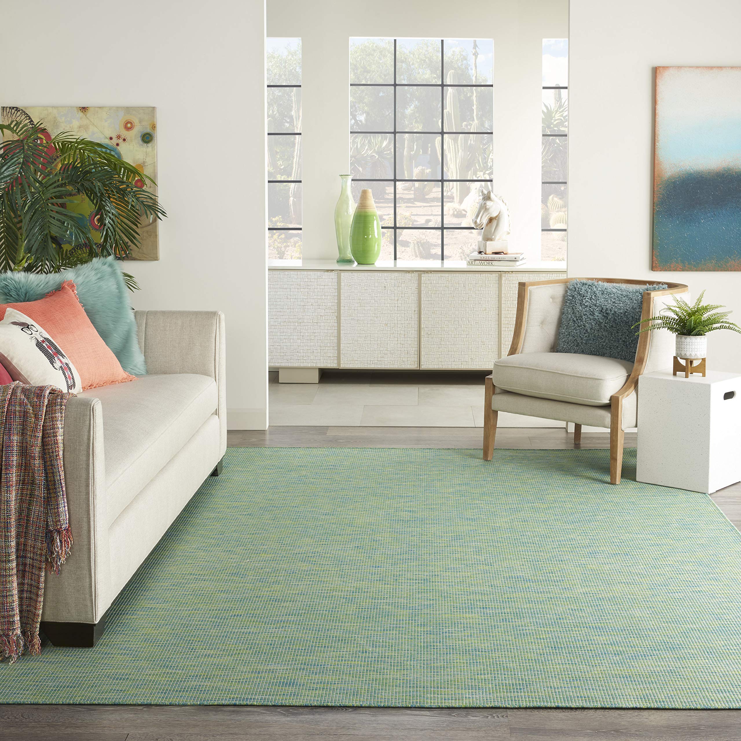 Nourison Positano Indoor/Outdoor Blue/Green 8 x Round Area Rug, Easy Cleaning, Non Shedding, Bed Room, Living Room, Dining Room