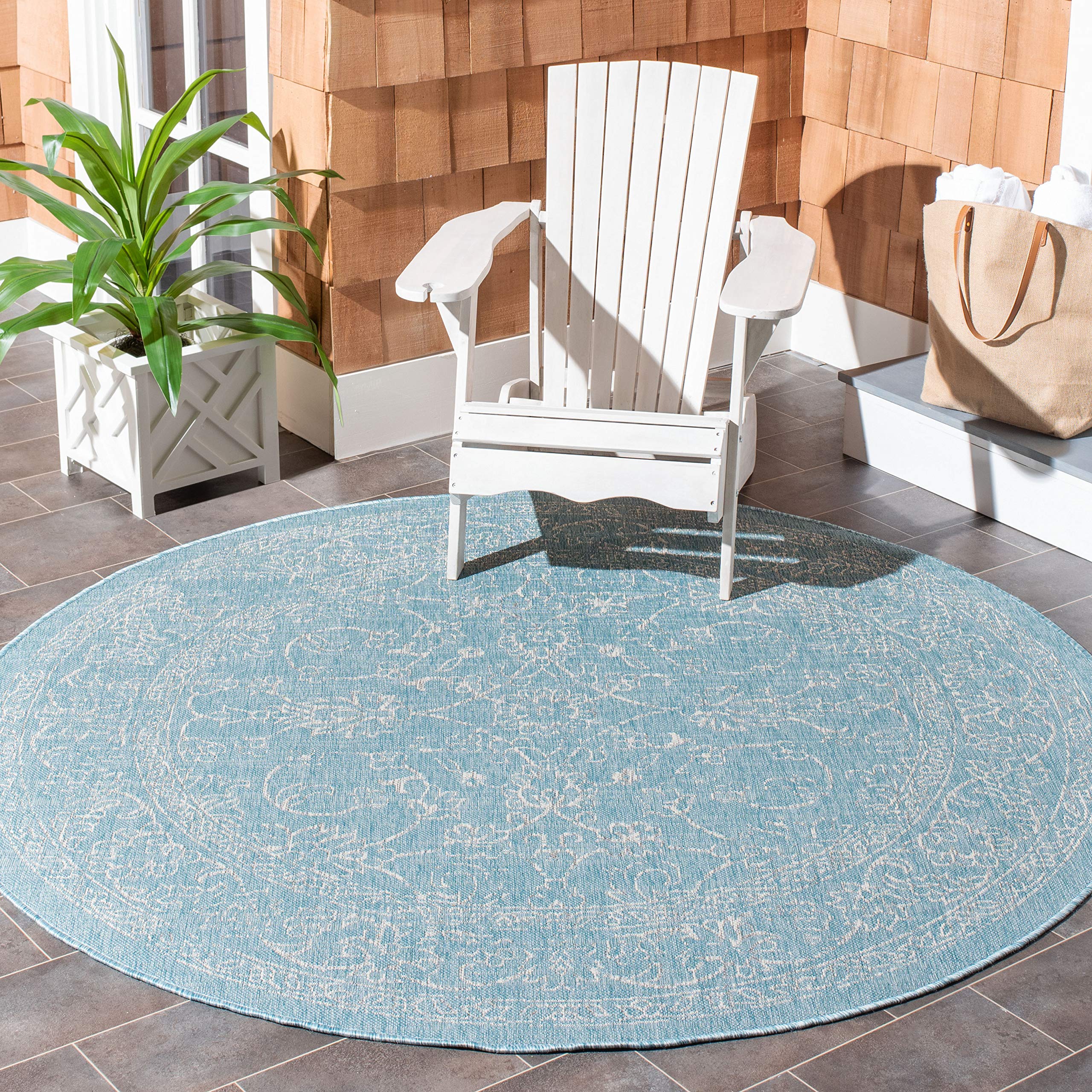 SAFAVIEH Courtyard Collection 53 x 53 Round Aqua/Grey CY8680 Indoor/ Outdoor Waterproof Easy Cleaning Patio Backyard Mudroom A