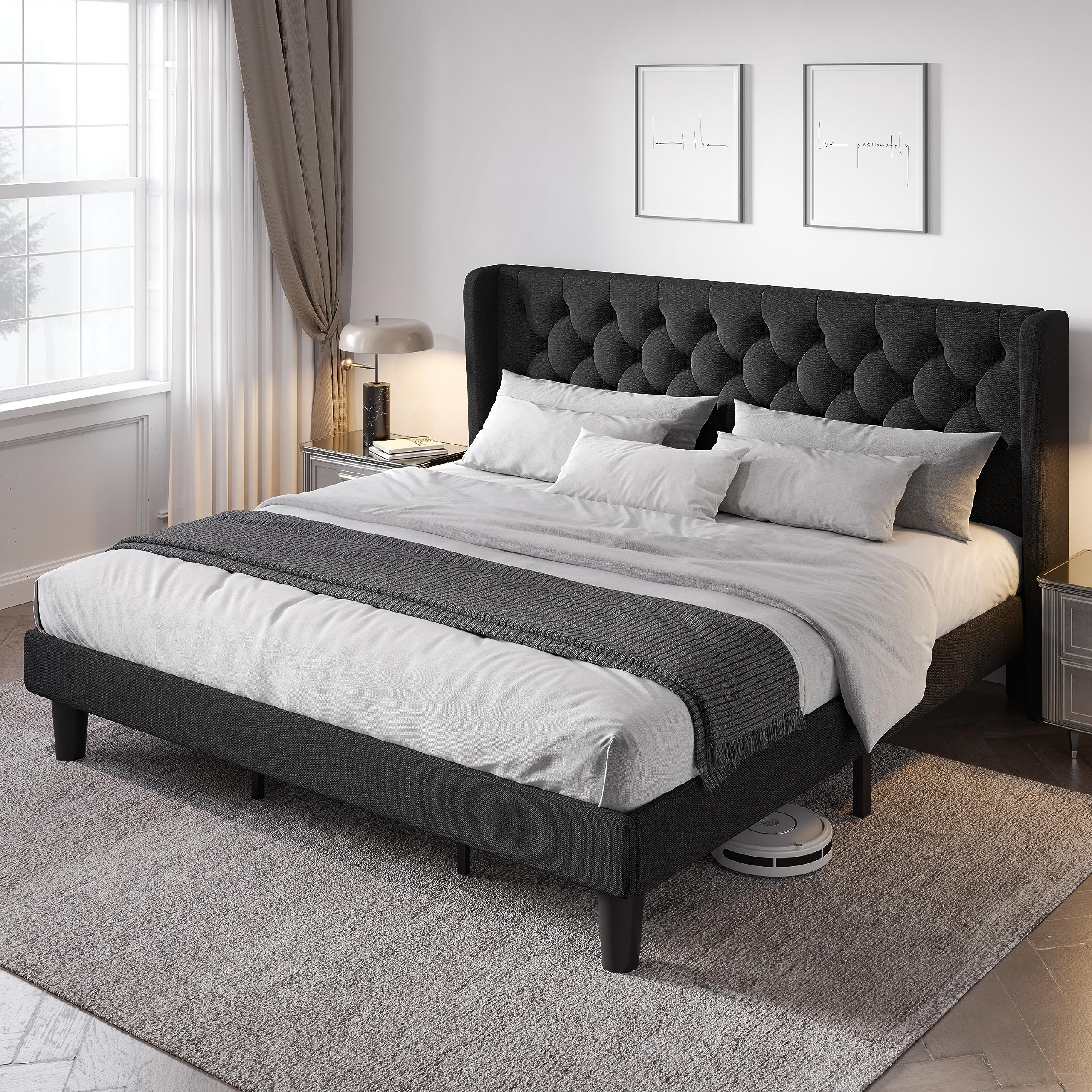 Allewie King Size Bed Frame with Button Tufted Wingback Headboard, Modern Upholstered Bed Frame with Solid Wooden Slats Support 