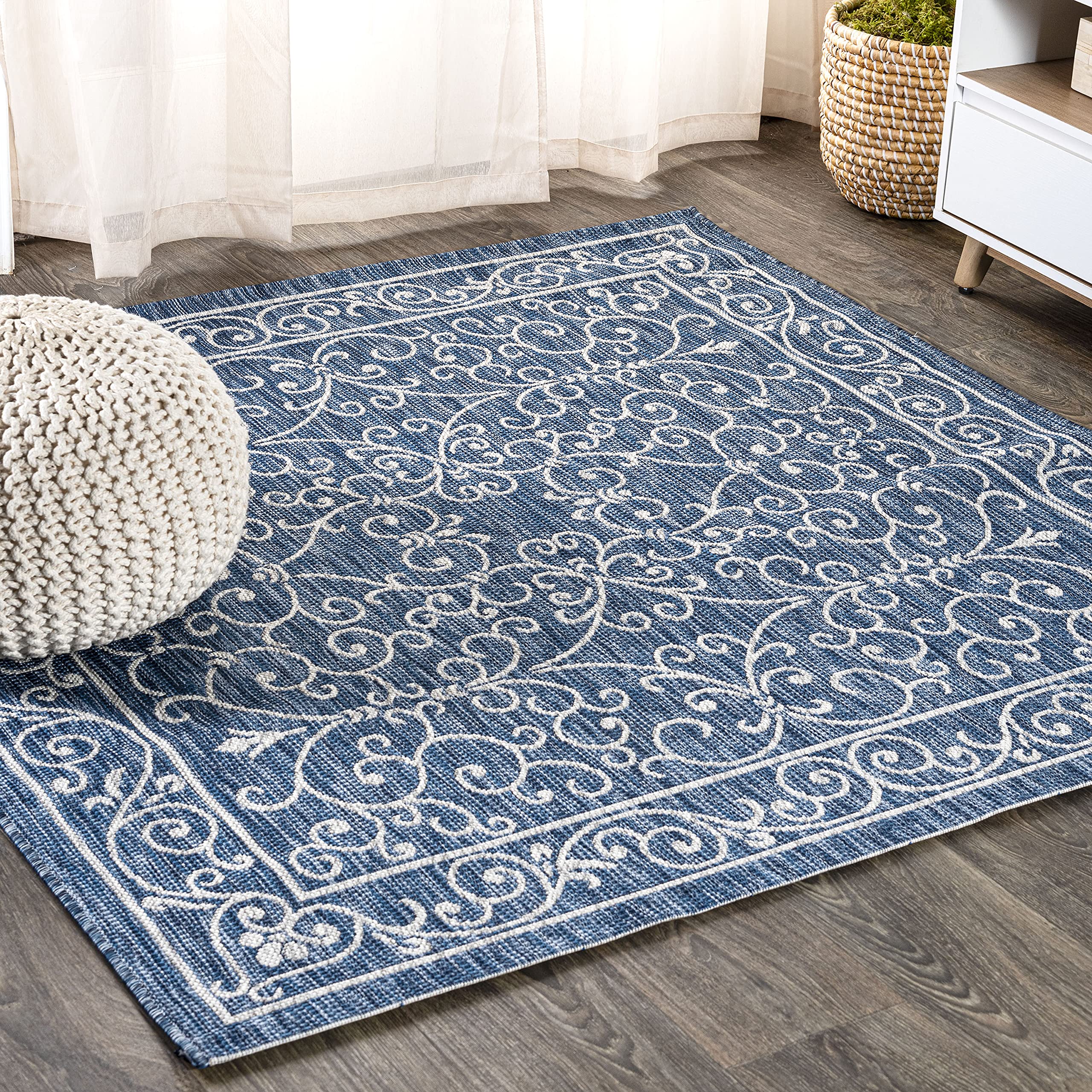 JONATHAN Y SMB106D-4SQ Charleston Vintage Filigree Textured Weave Navy/Gray 4 Square Indoor/Outdoor Area Rug, Pet Friendly, Non