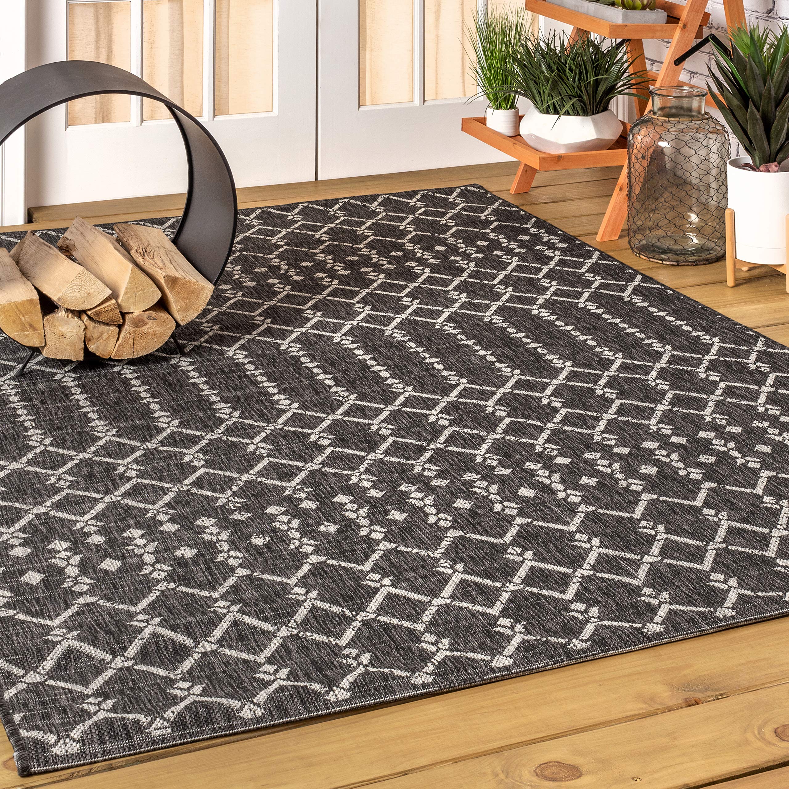 JONATHAN Y SMB108F-6 Ourika Moroccan Geometric Textured Weave Black/Gray 6 ft. x 9 ft. Indoor/Outdoor Area Rug, Pet Friendly, No