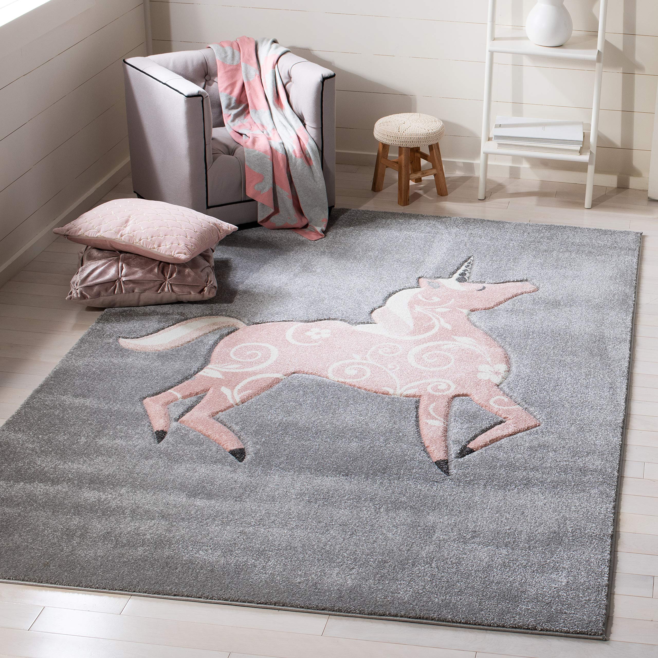 SAFAVIEH Carousel Kids Collection 53 Square Grey/Pink CRK163F Unicorn Non-Shedding Nursery Playroom Area Rug