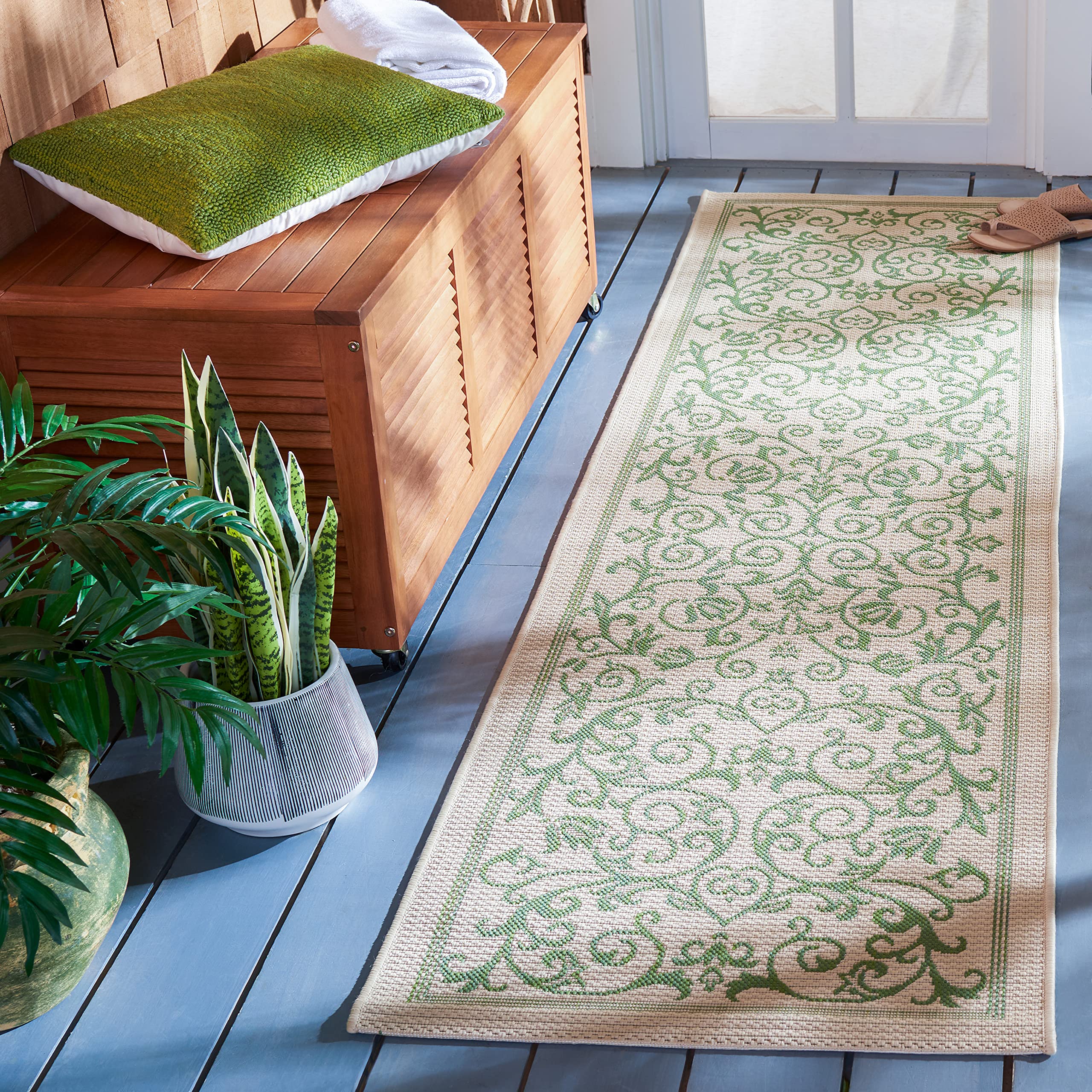 SAFAVIEH Courtyard Collection Runner Rug - 23 x 10, Natural & Olive, Scroll Design, Non-Shedding & Easy Care, Indoor/Outdoor &
