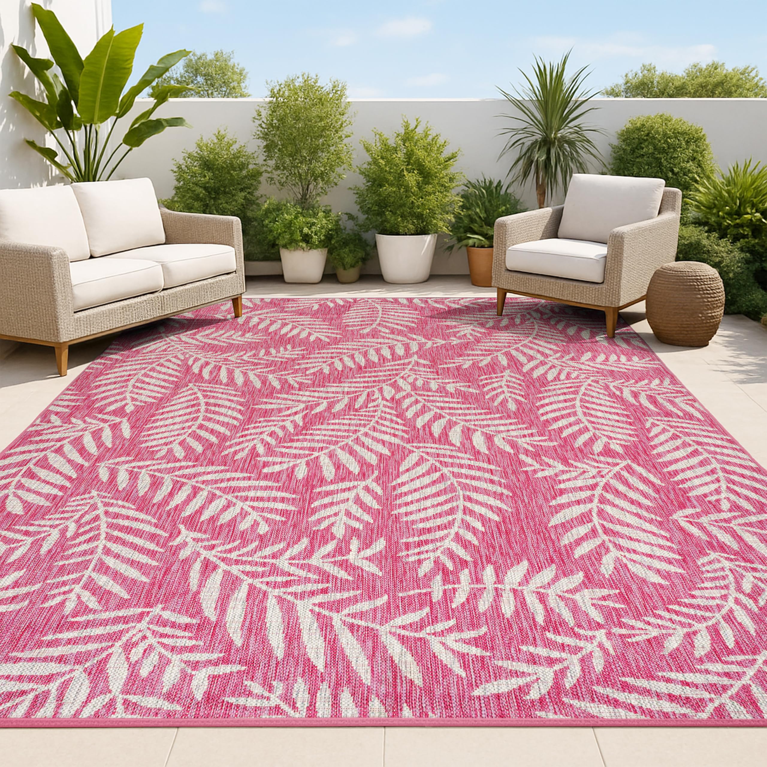 JONATHAN Y Palm Frond Indoor Outdoor Area Rug 3X5 Fuchsia/Light Gray, Nevis for Backyard, Patio, Porch, Easy-Cleaning, High Traf