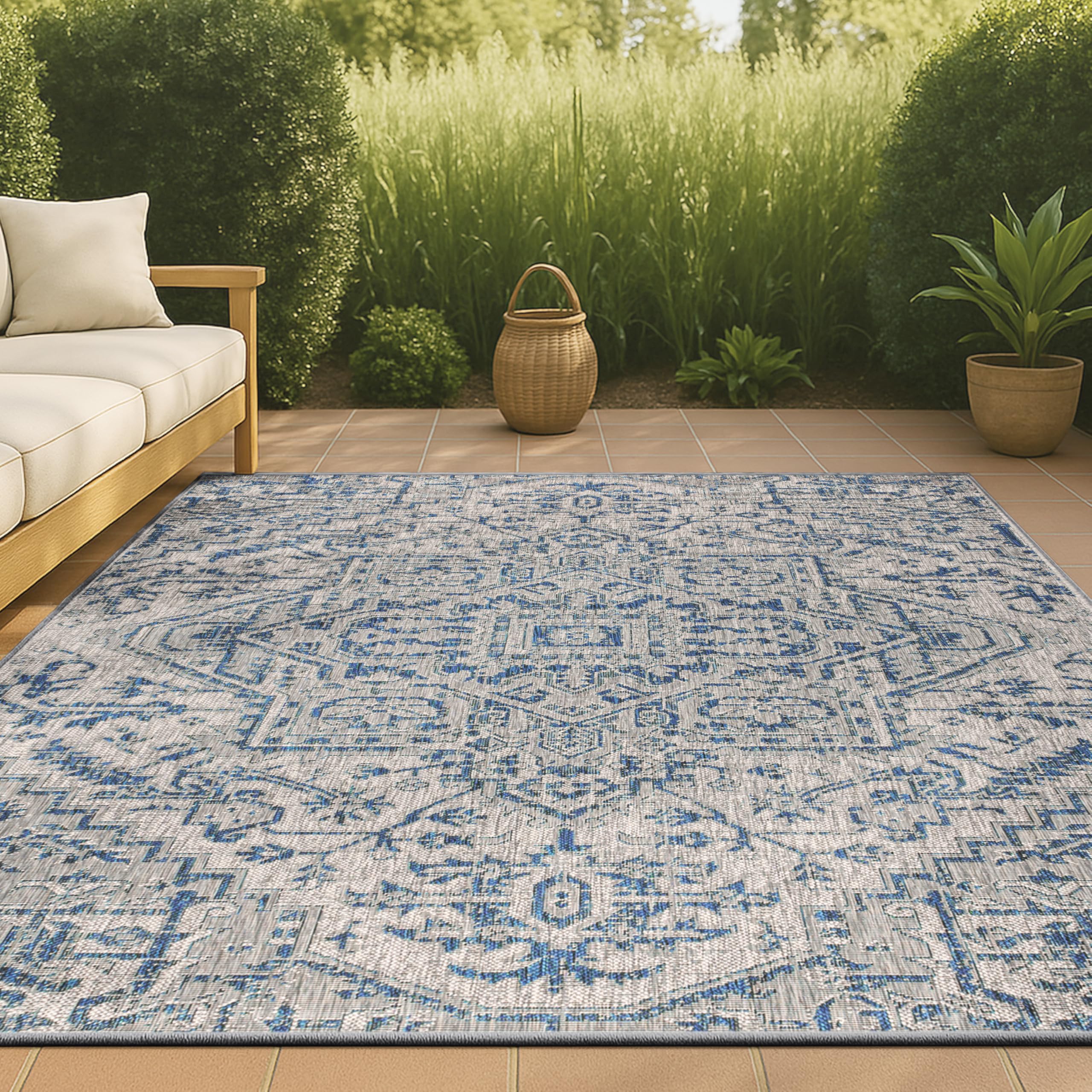 JONATHAN Y Boho Medallion Indoor Outdoor Area Rug 3X5 Navy/Gray, Estrella Textured Weave for Backyard, Patio, Porch, Easy-Cleani