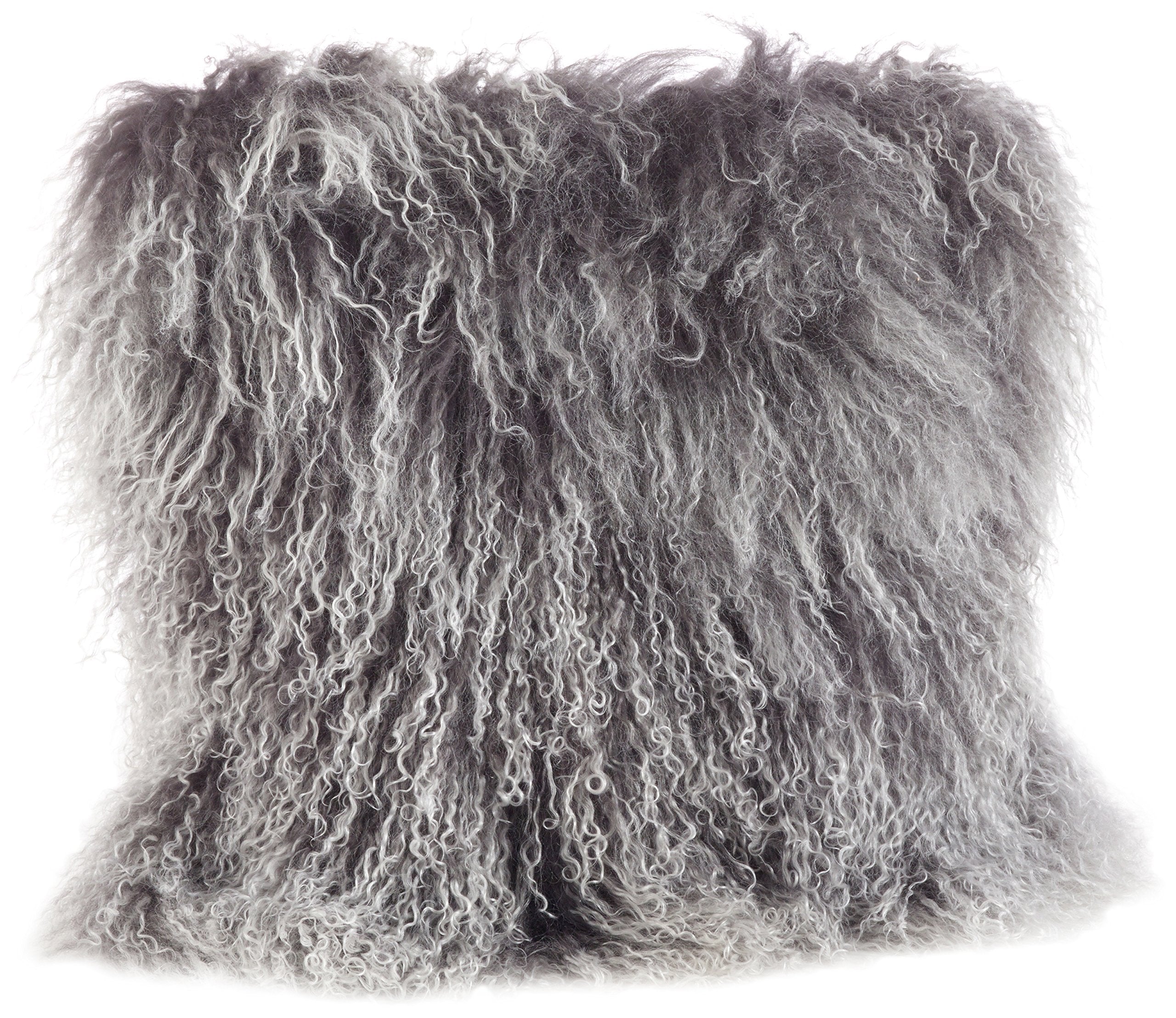 SARO LIFESTYLE 100% Wool Mongolian Lamb Fur Throw Pillow with Poly Filling, 16, Charcoal