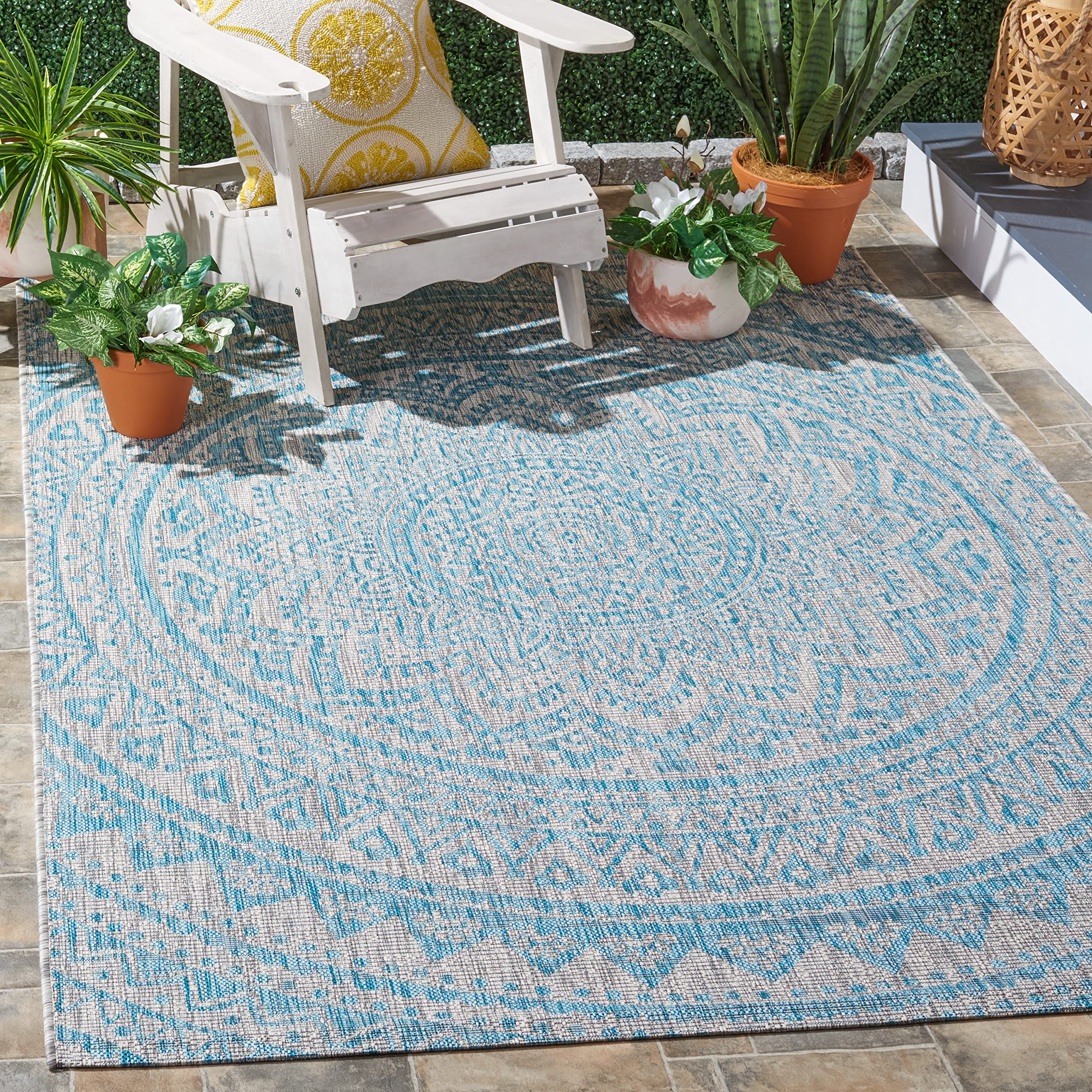 SAFAVIEH Courtyard Collection 710 Square Light Grey/Aqua CY8734 Indoor/Outdoor Non-Shedding Easy Cleaning Patio Backyard Porch 