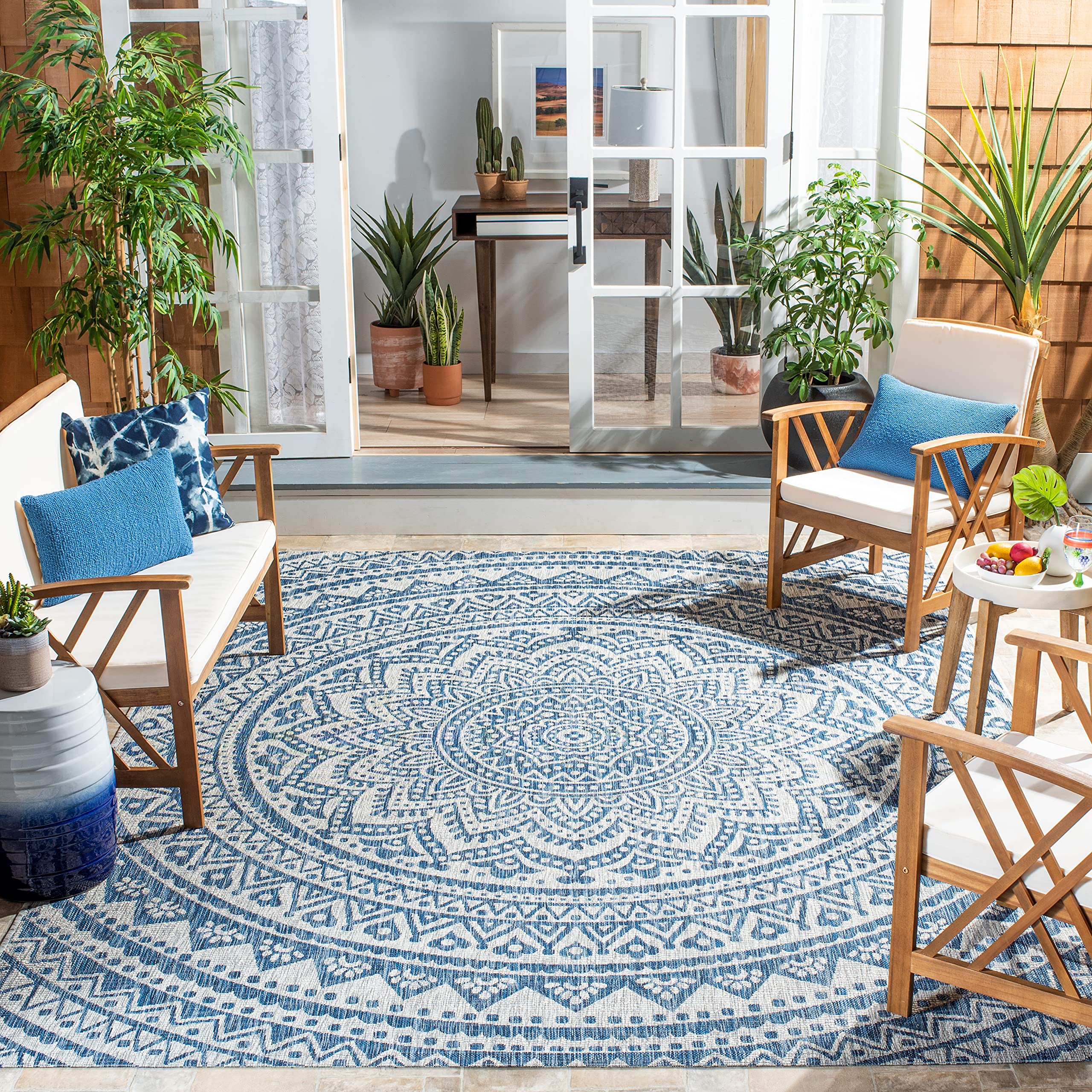 SAFAVIEH Courtyard Collection Area Rug - 9 x 12, Light Grey & Blue, Non-Shedding & Easy Care, Indoor/Outdoor & Washable-Ideal 