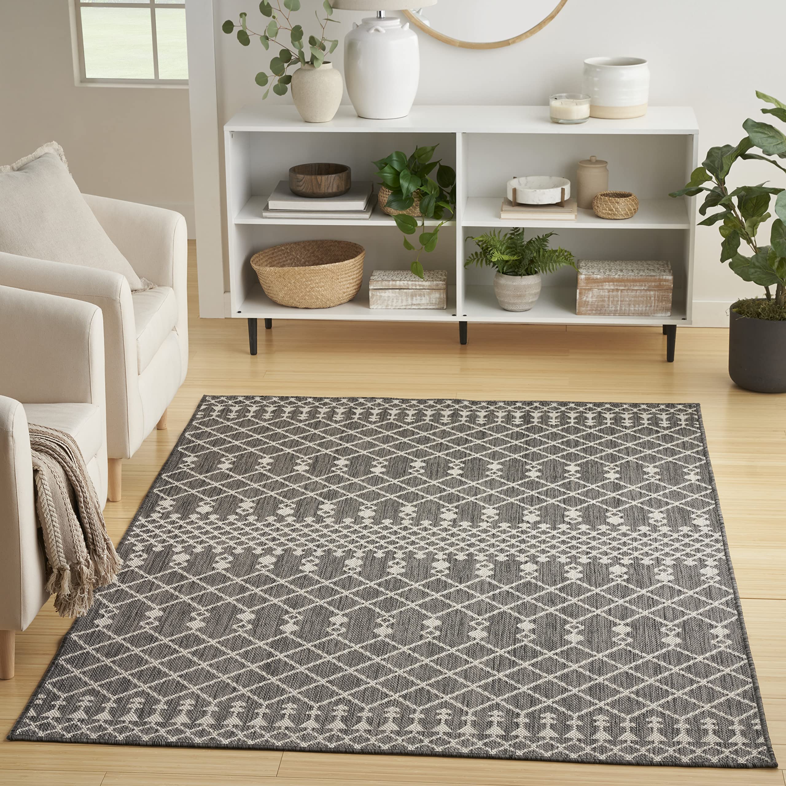 Nourison Positano Indoor/Outdoor Charcoal 7 x 10 Area Rug, Easy Cleaning, Non Shedding, Bed Room, Living Room, Dining Room, De