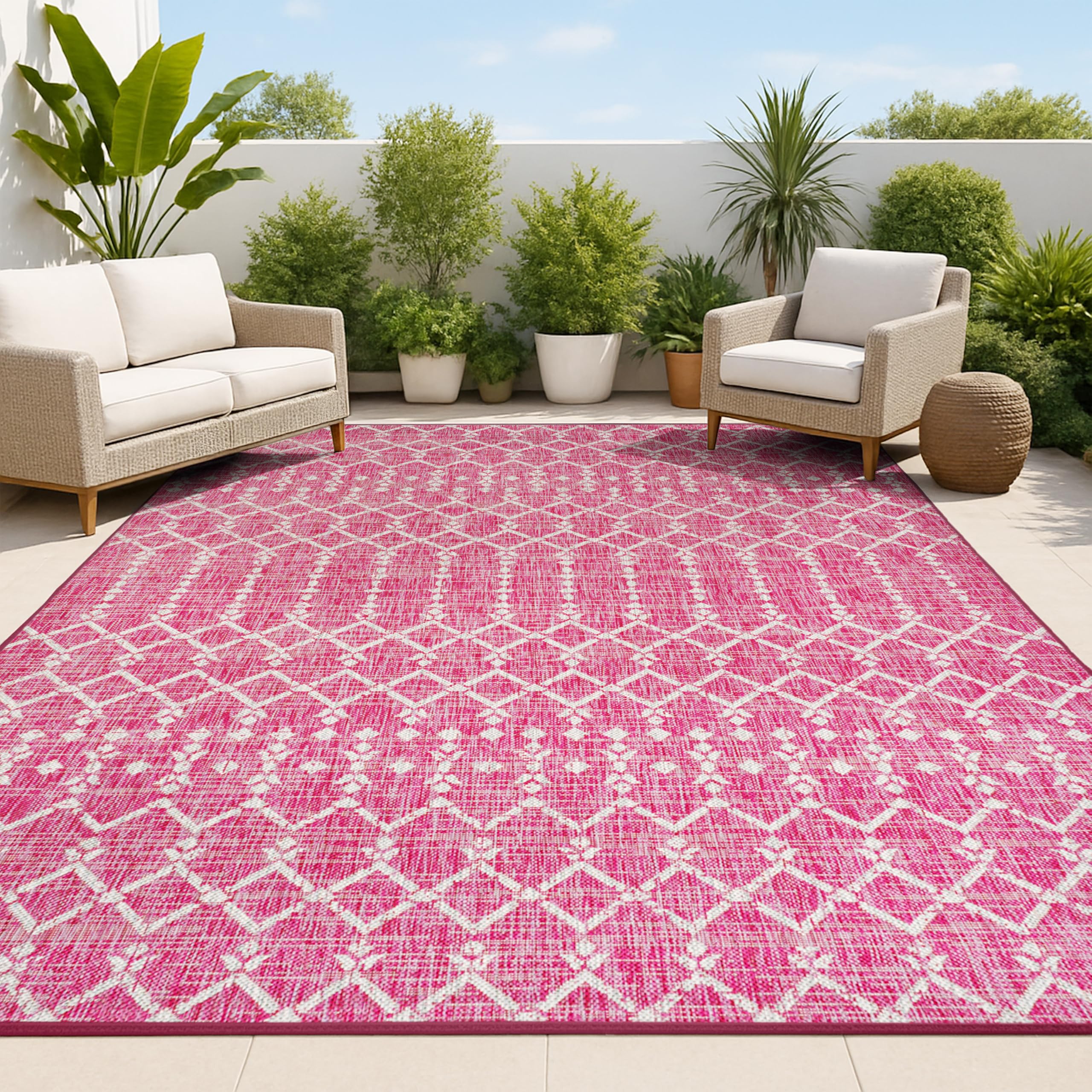 JONATHAN Y Moroccan Geometric Indoor Outdoor Area Rug 3X5 Fuchsia/Light Gray, Ourika Textured Weave for Backyard, Patio, Porch, 