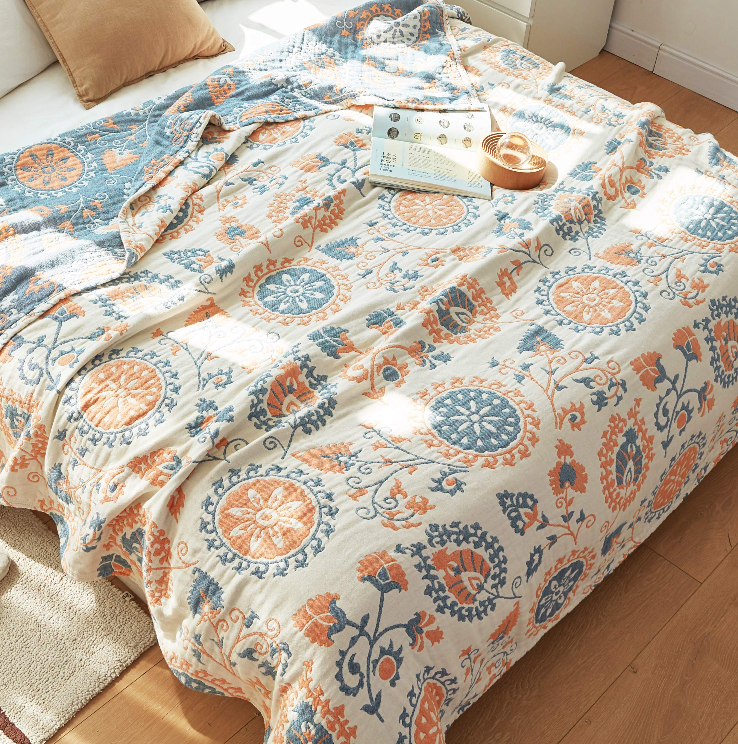 Scientific Sleep 100% Cotton Muslin Blanket Throw Cover for Bed Couch Sofa Cozy Soft Reversible Bedding Blanket Bedspread Coverl