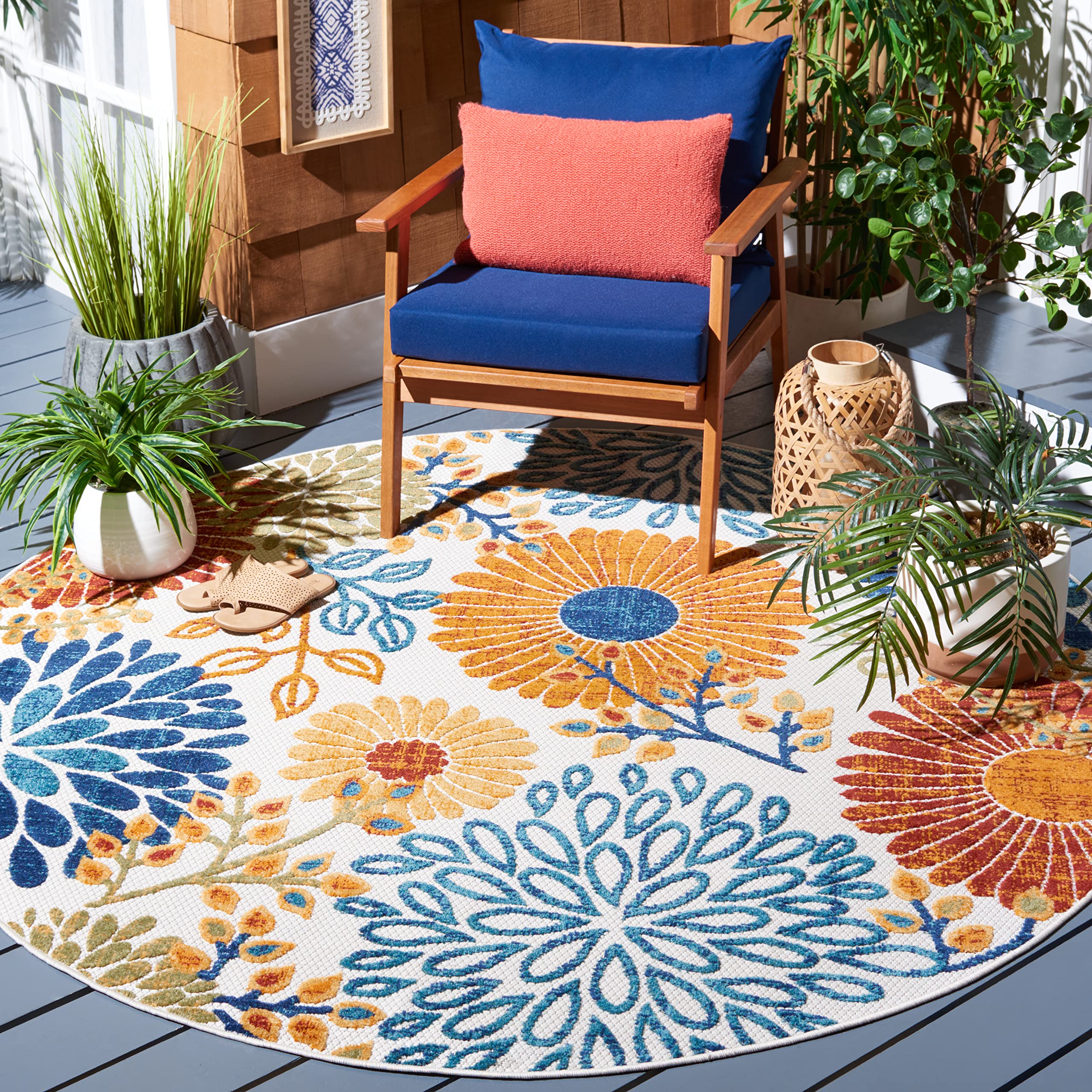 SAFAVIEH Cabana Collection 3 Round Cream/Red CBN832A Floral Indoor/ Outdoor Non-Shedding Easy Cleaning Patio Backyard Deck Porc