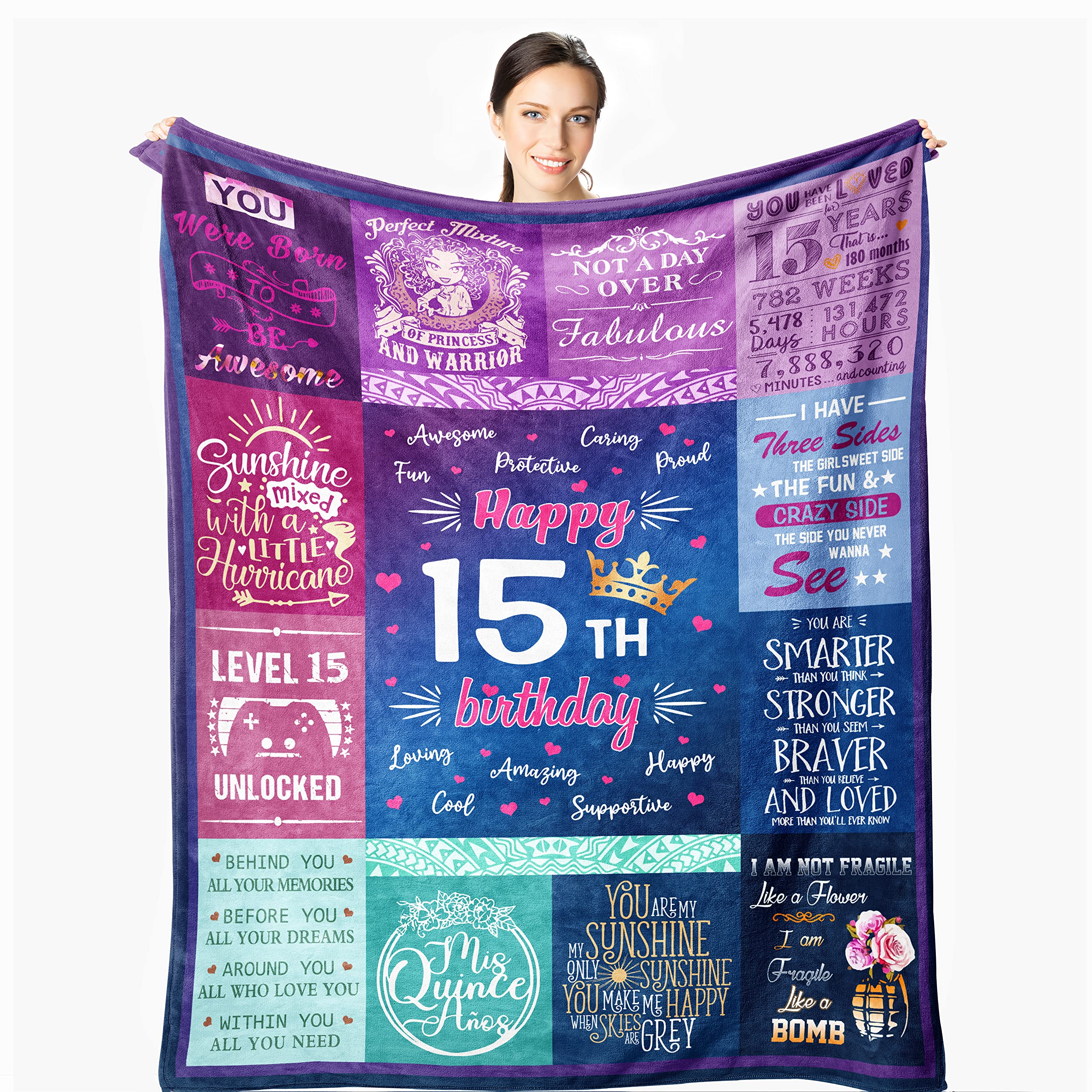 Wisegem 15 Year Old Girl Gifts for Birthday - Quinceanera Gifts Blanket 60x50 - Gift for 15-Year-Old Girls - 15th Birthday Prese