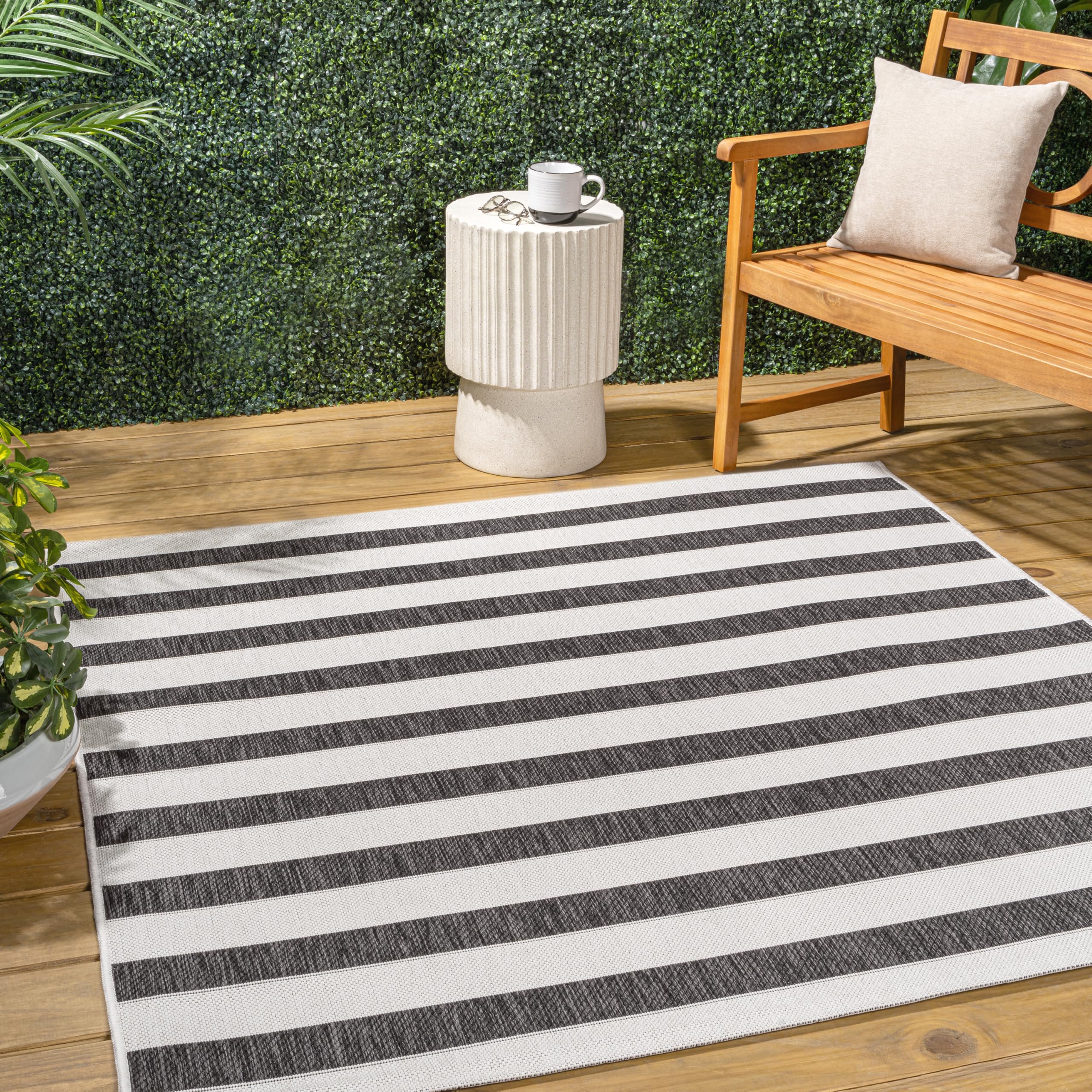 JONATHAN Y SMB112B-6SQ Aveiro Wide Stripe Black/Cream 6 Square Indoor/Outdoor Area Rug, Pet Friendly, Non-Shedding, Stain Resis