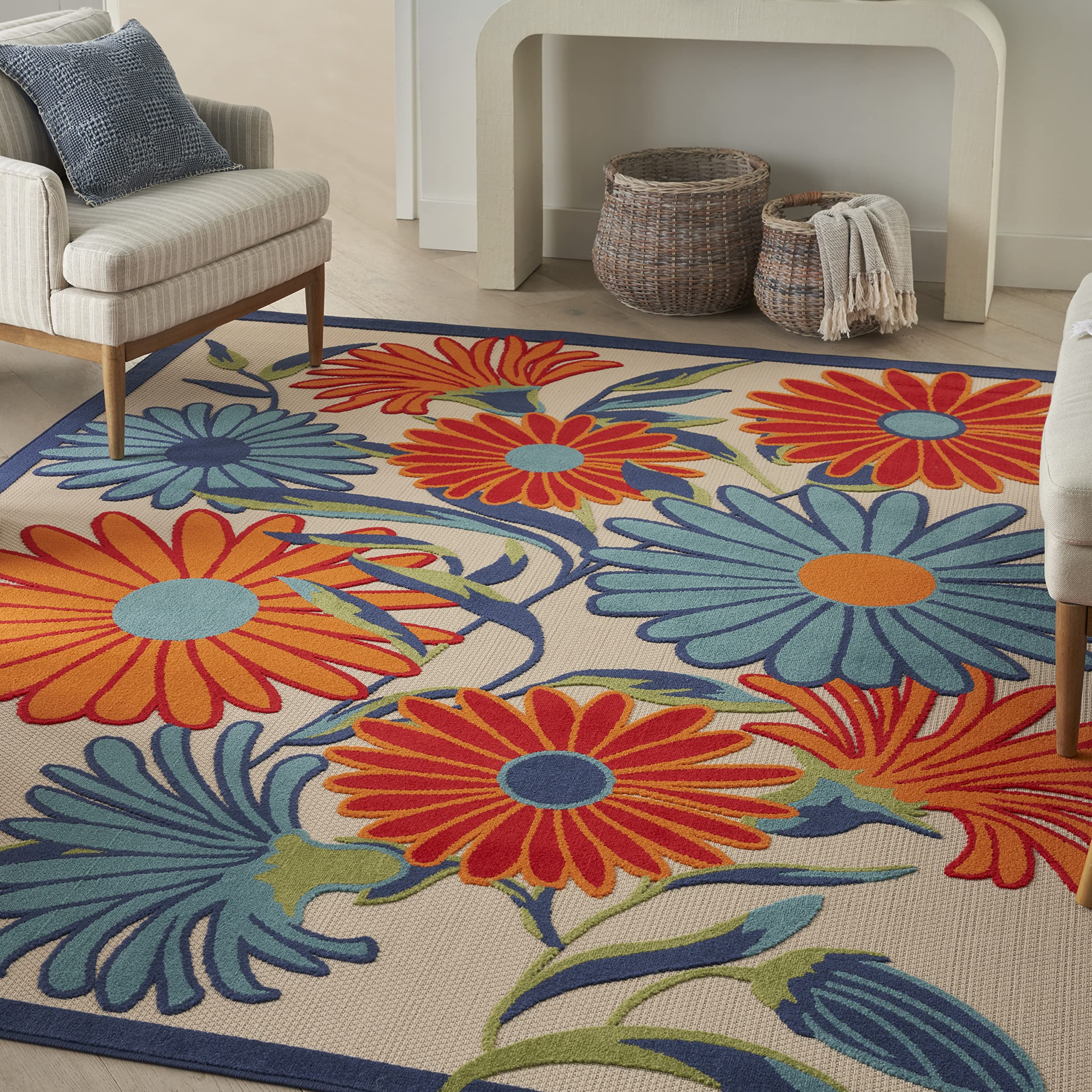 Nourison Aloha Indoor/Outdoor Multicolor 53 x 75 Area Rug, Easy Cleaning, Non Shedding, Bed Room, Living Room, Dining Room, Ki