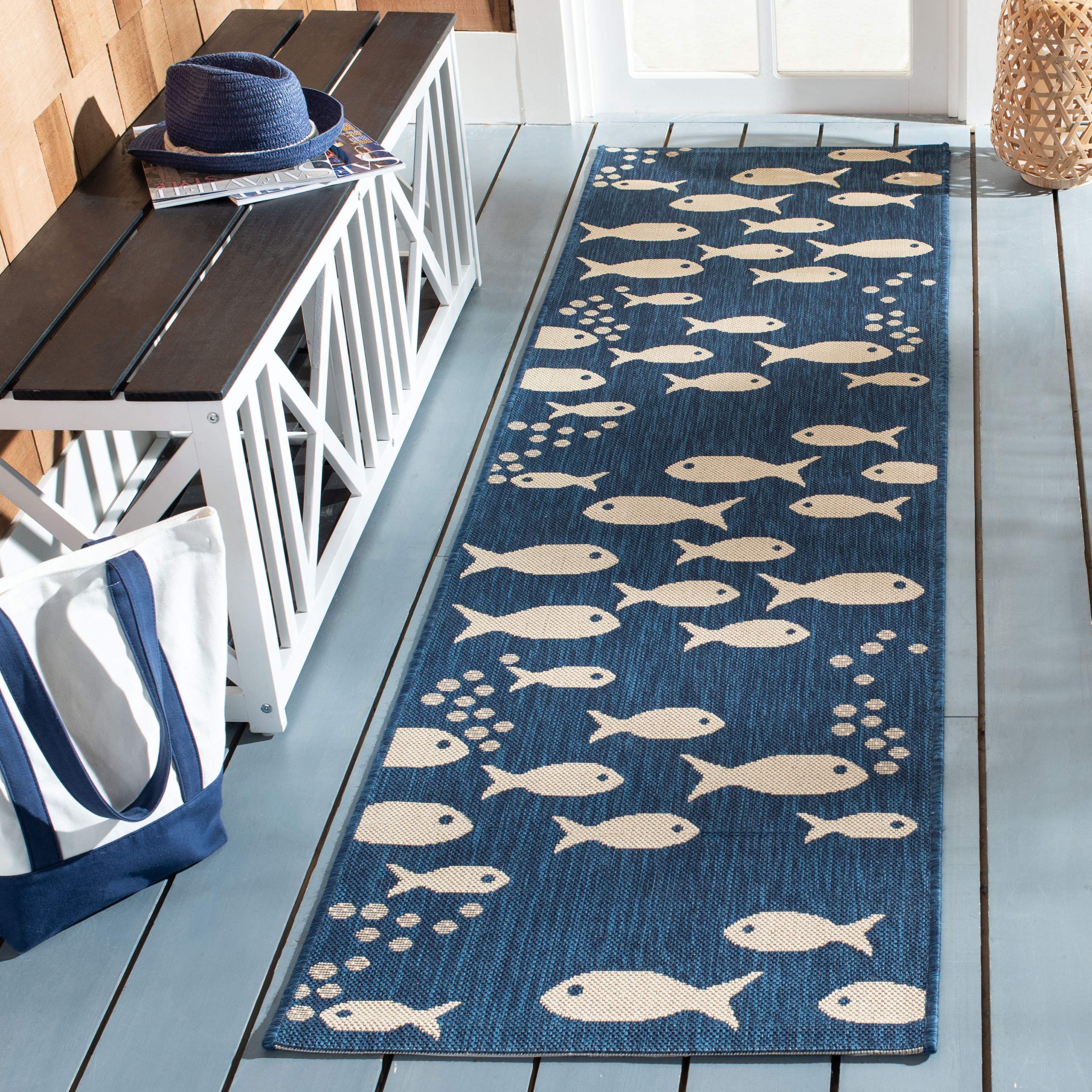 SAFAVIEH Courtyard Collection Runner Rug - 23 x 67, Navy & Beige, Non-Shedding & Easy Care, Indoor/Outdoor & Washable-Ideal fo
