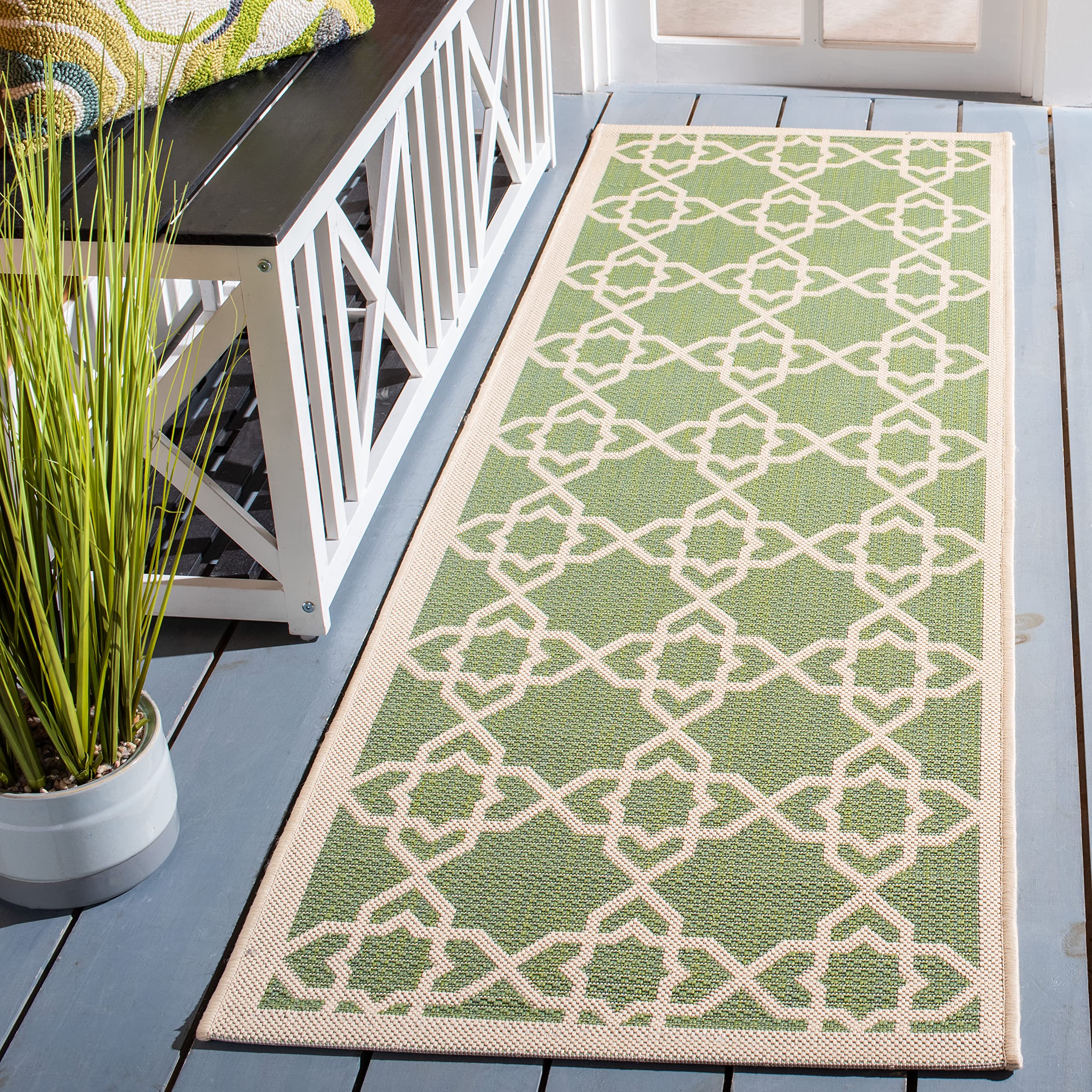 SAFAVIEH Courtyard Collection Runner Rug - 23 x 10, Green & Beige, Non-Shedding & Easy Care, Indoor/Outdoor & Washable-Ideal f