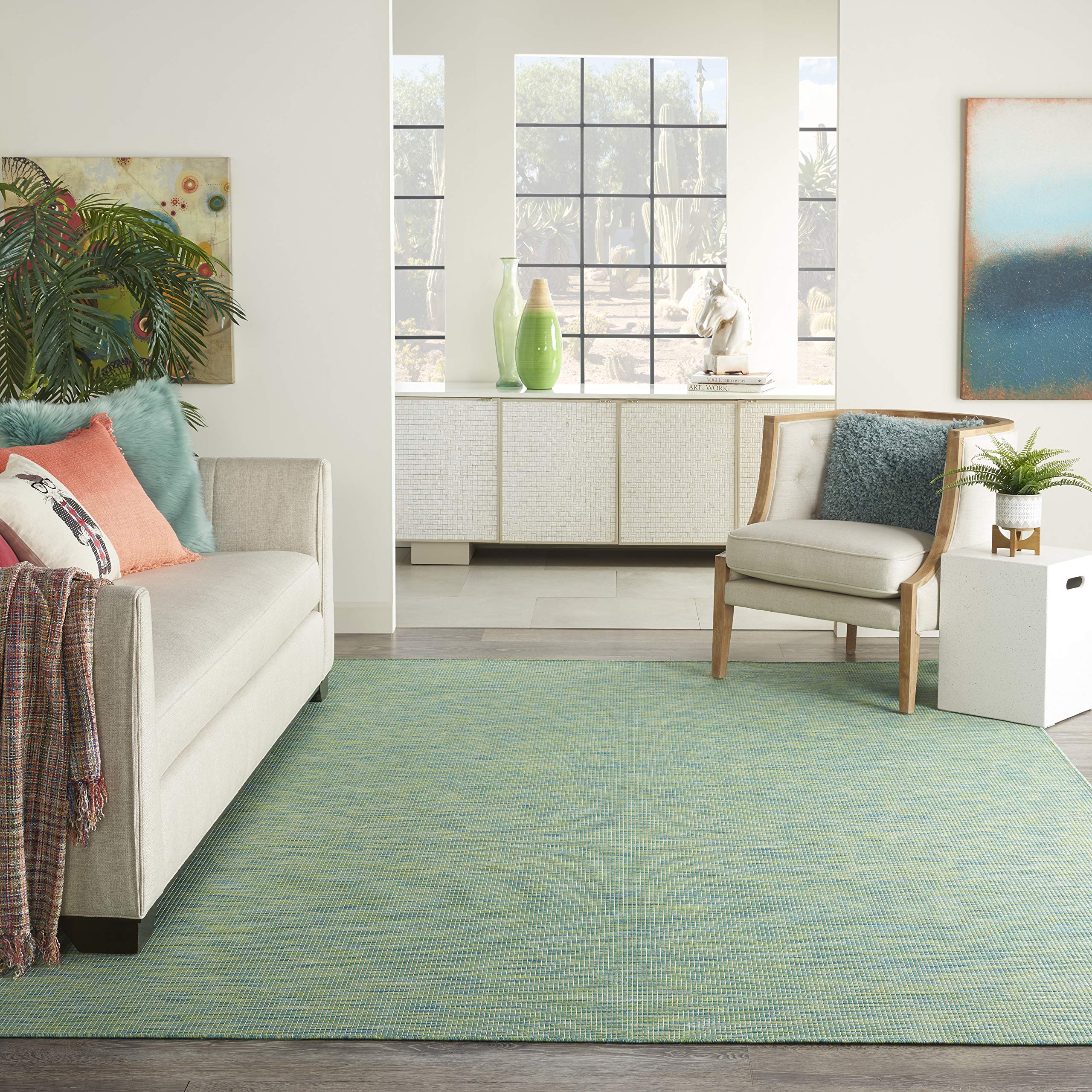 Nourison Positano Indoor/Outdoor Blue/Green 9 x 12 Area Rug, Easy Cleaning, Non Shedding, Bed Room, Living Room, Dining Room, 