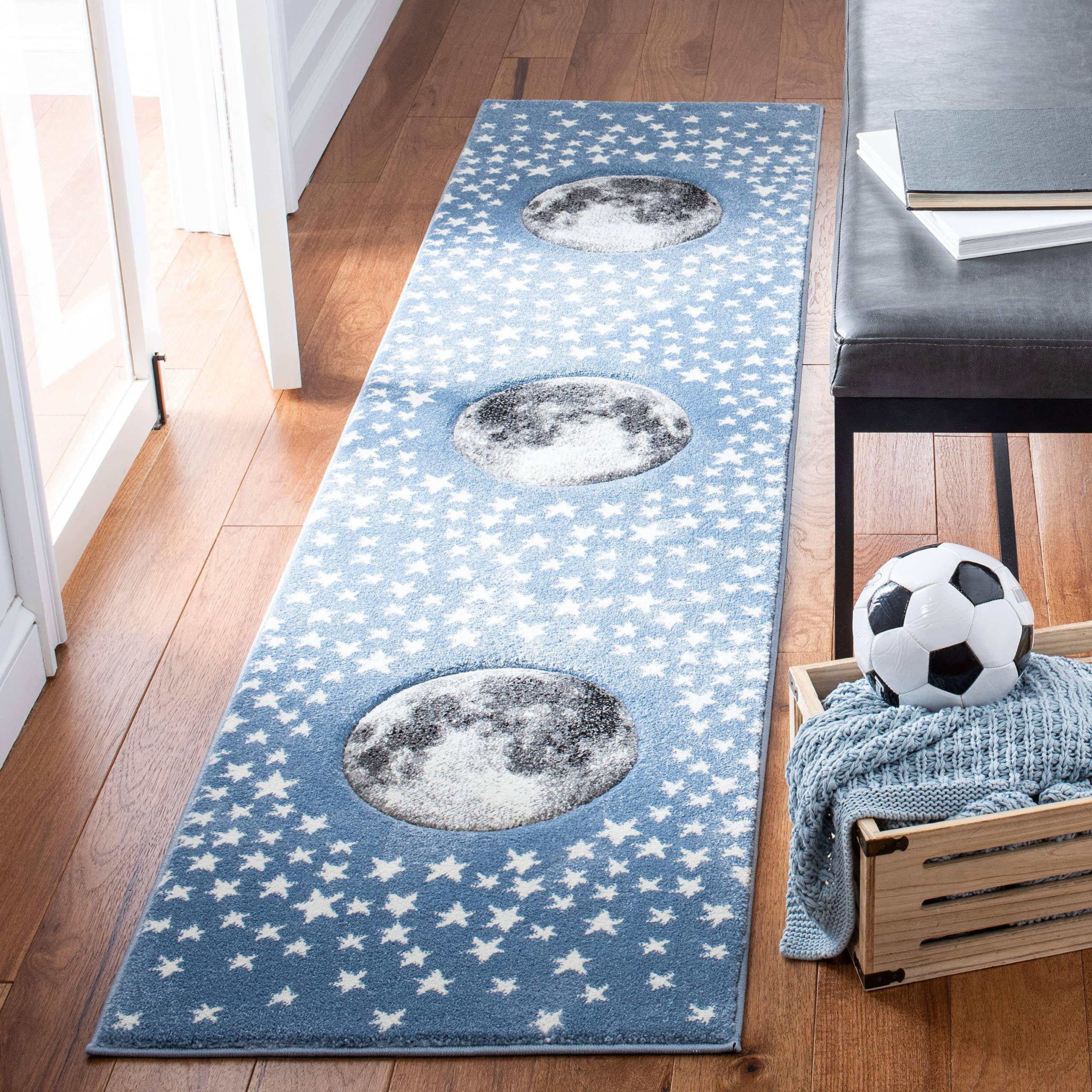 SAFAVIEH Carousel Kids Collection Runner Rug - 2 x 8, Light Blue & Grey, Non-Shedding & Easy Care, Ideal for High Traffic Area