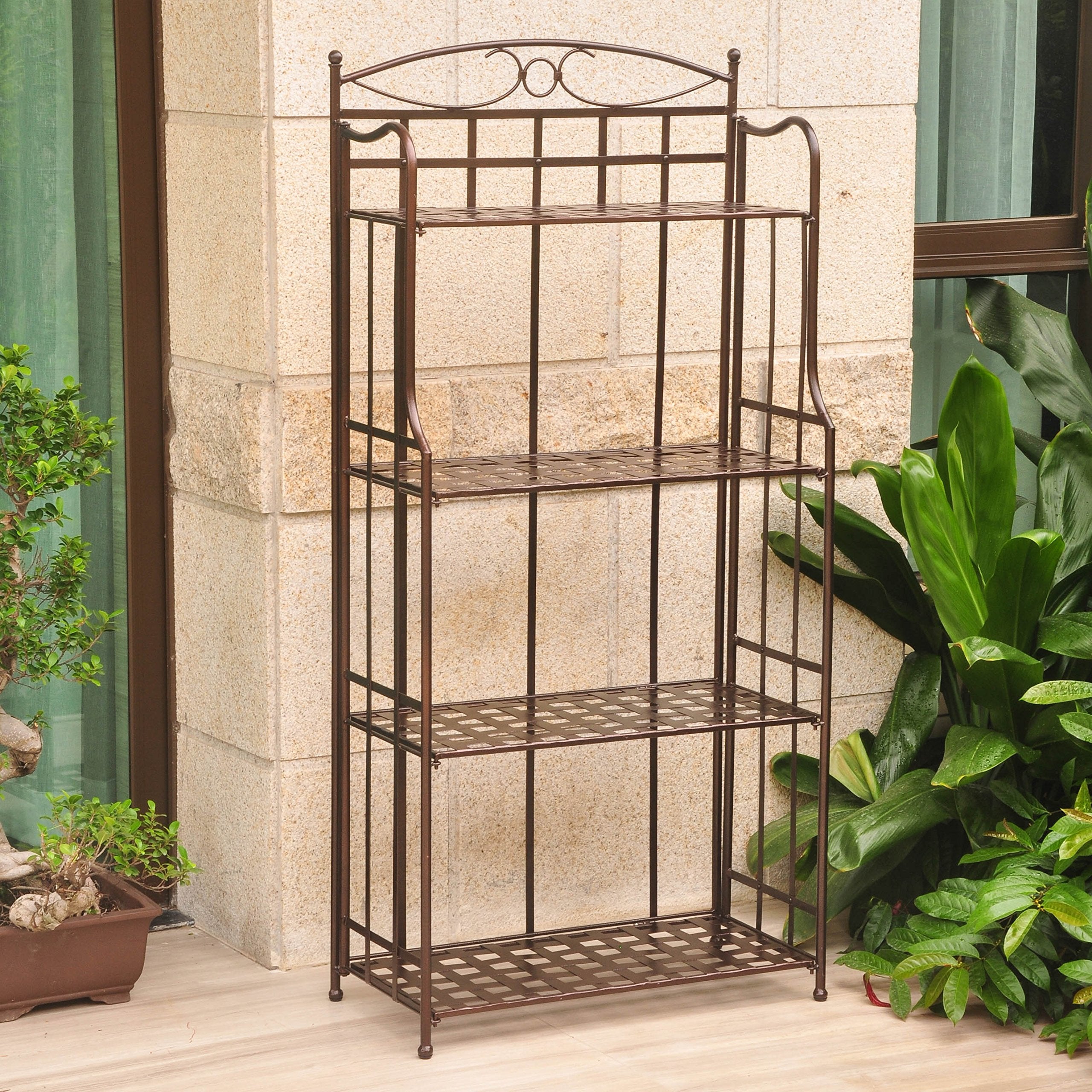 International Caravan Folding Bakers Rack in Hammered, Bronze