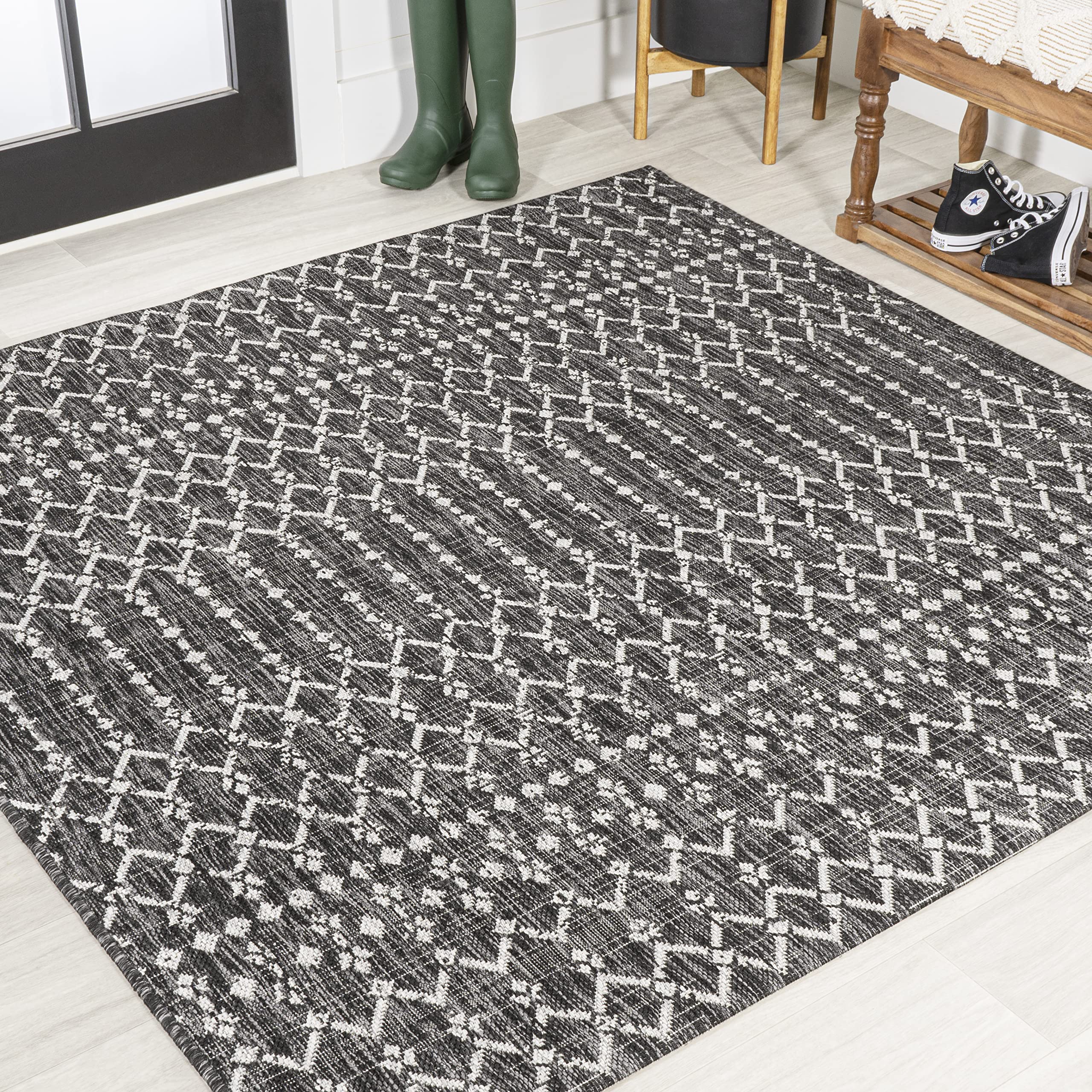 JONATHAN Y SMB108F-3SQ Ourika Moroccan Geometric Textured Weave Black/Gray 3 Square Indoor/Outdoor Area Rug, Pet Friendly, Non-