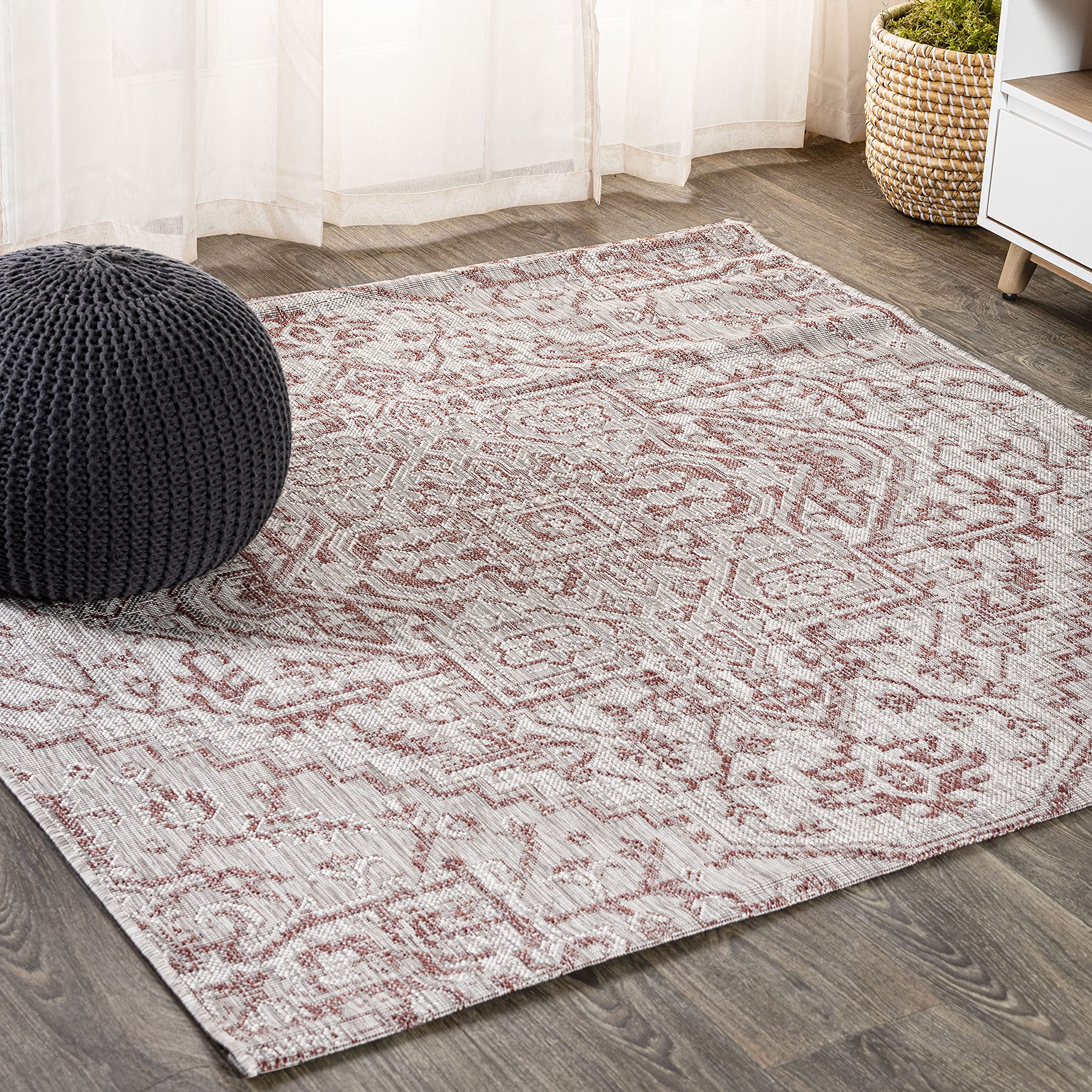JONATHAN Y SMB105A-3SQ Estrella Bohemian Medallion Textured Weave Red/Taupe 3 Square Indoor/Outdoor Area Rug, Pet Friendly, Non
