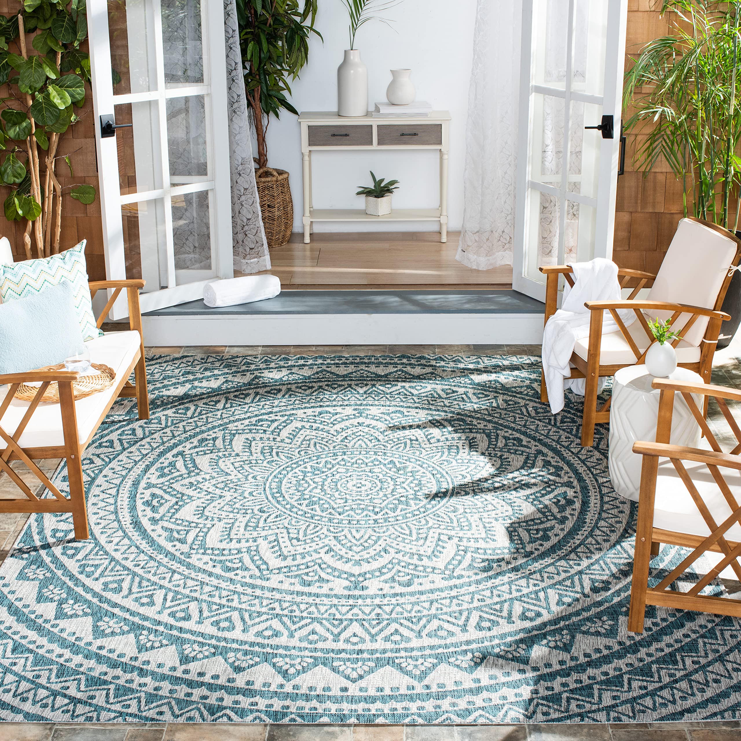 SAFAVIEH Courtyard Collection 80.4 x 115.2 Grey / Teal CY8734 Indoor-Outdoor Waterproof Easy-Cleaning Patio Backyard Mudroom Are