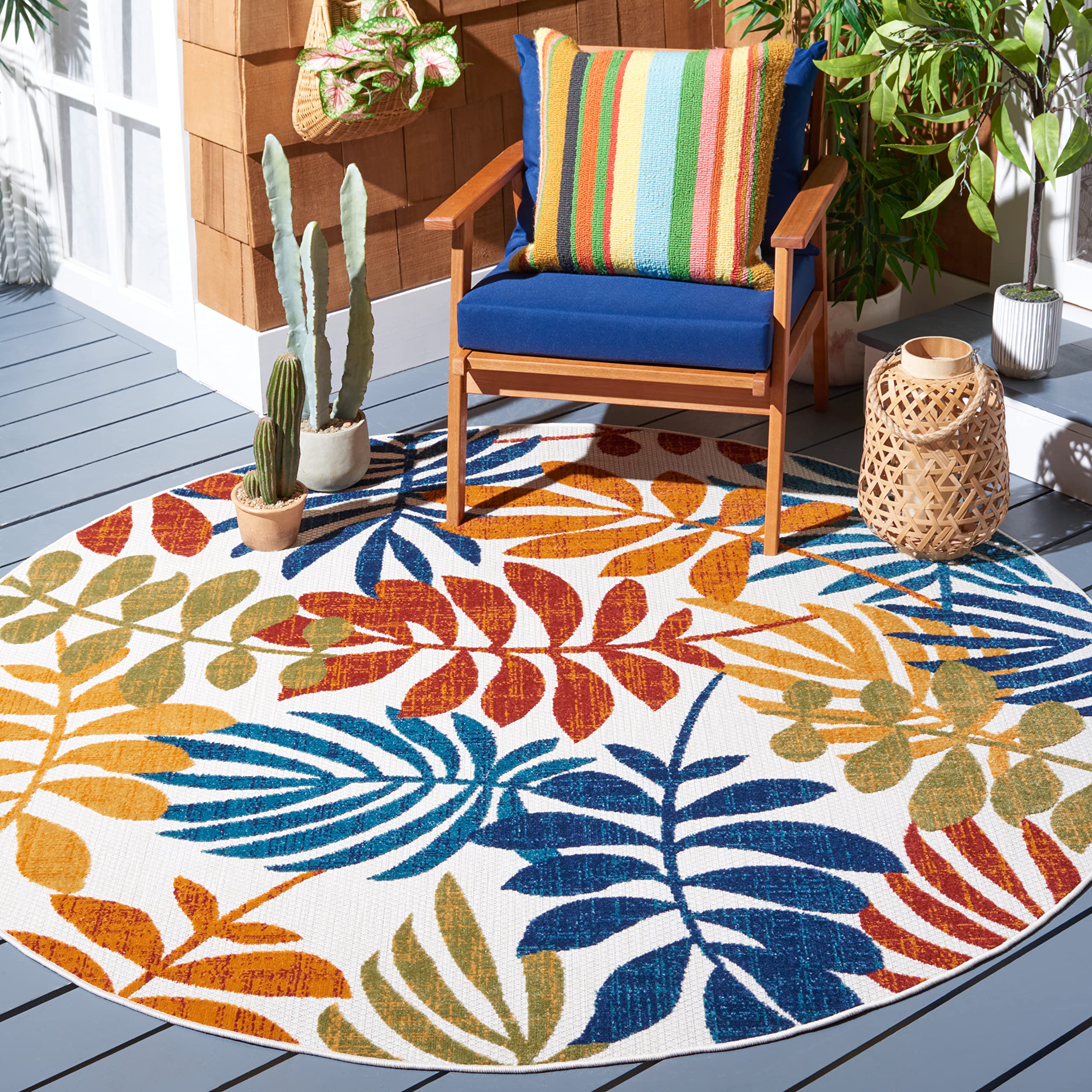 SAFAVIEH Cabana Collection 53 Round Cream/Red CBN814A Botanical Indoor/ Outdoor Non-Shedding Easy Patio Backyard Porch Deck Mud