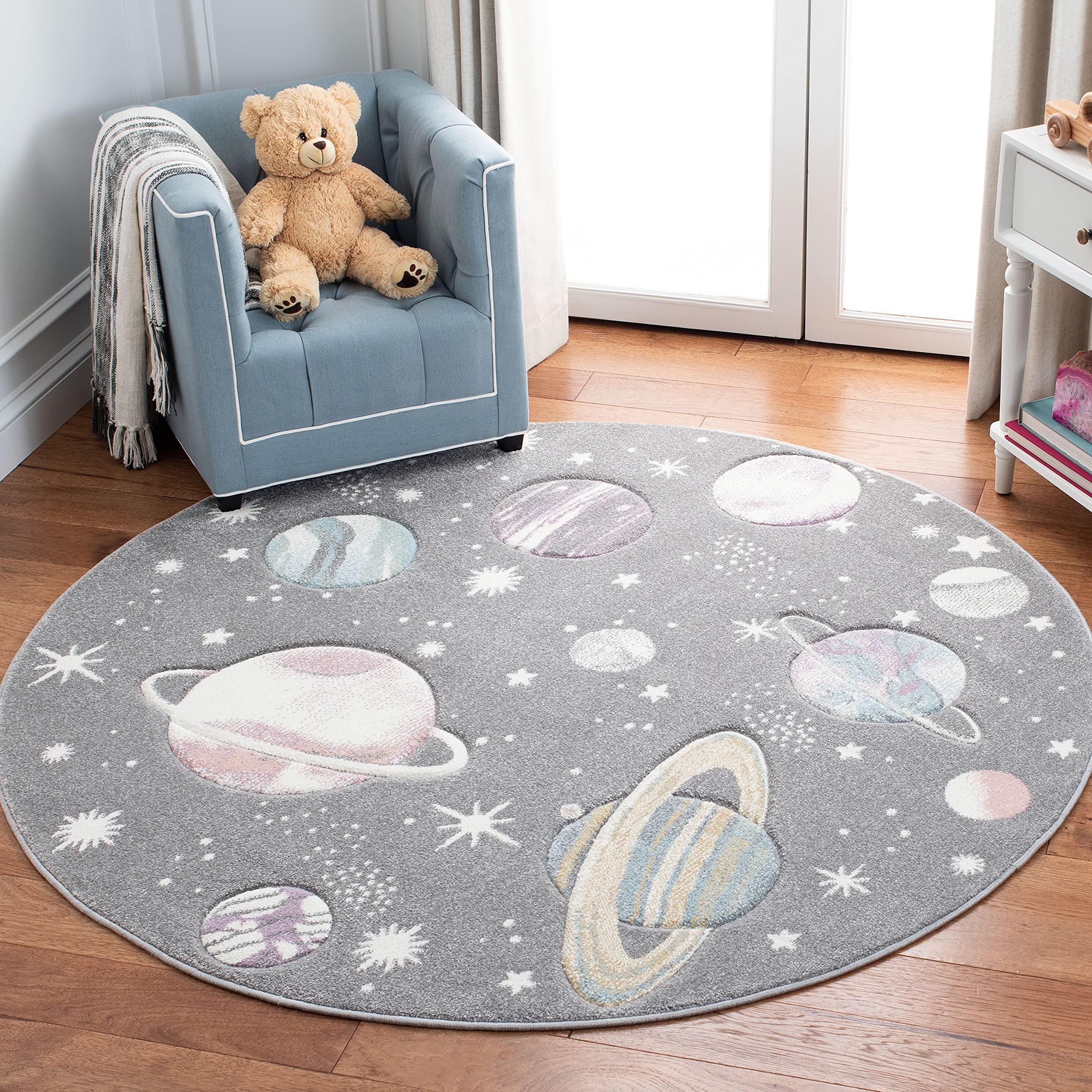SAFAVIEH Carousel Kids Collection 8 Round Grey/Lavender CRK103F Outer Space Non-Shedding Playroom Nursery Bedroom Area Rug