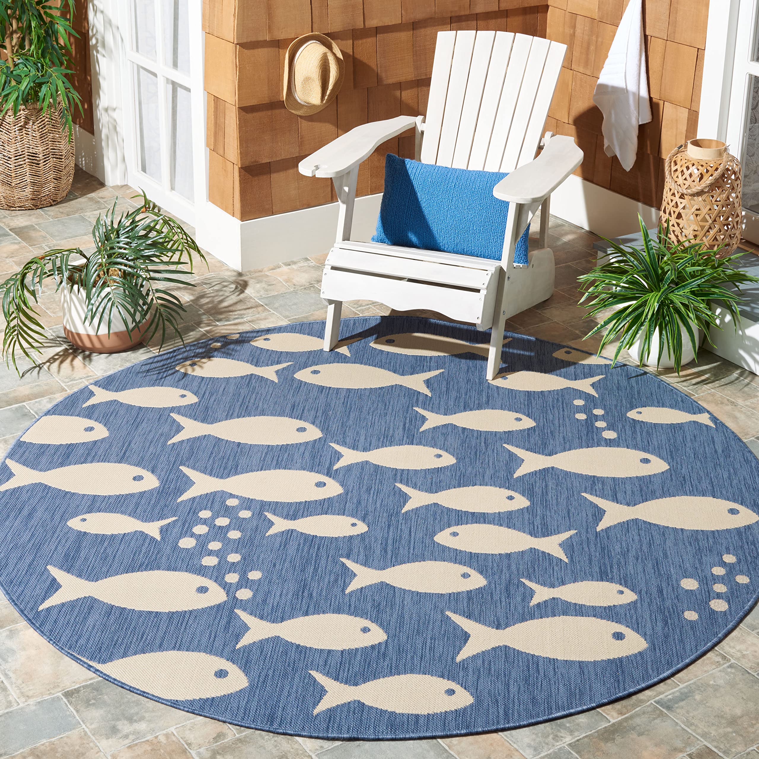 SAFAVIEH Courtyard Collection 71 Round Blue/Beige CY6012 Indoor/ Outdoor Waterproof Easy Cleaning Patio Backyard Mudroom Area R