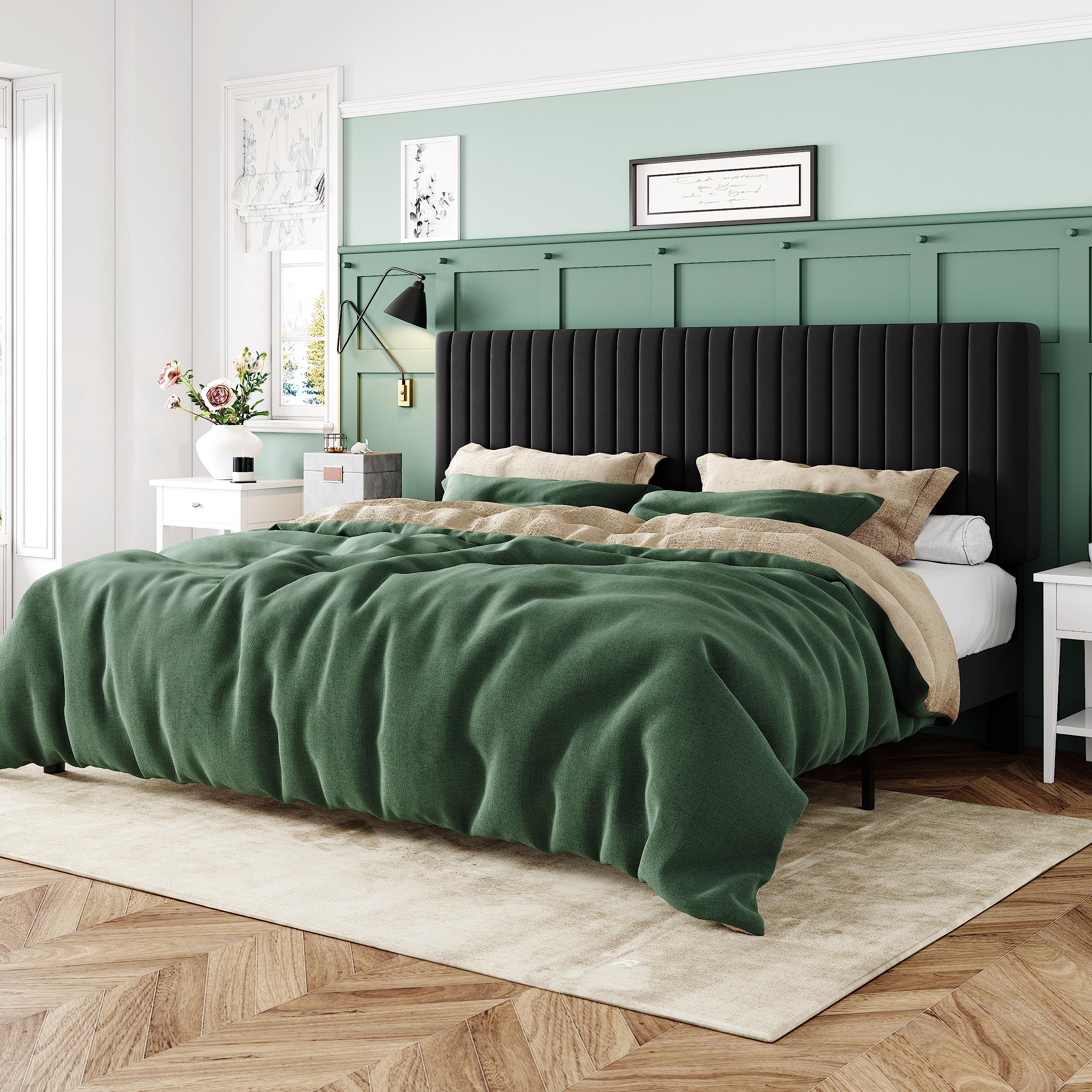 Allewie King Platform Bed Frame, Velvet Upholstered with Adjustable Vertical Channel Tufted Headboard, Mattress Foundation with 