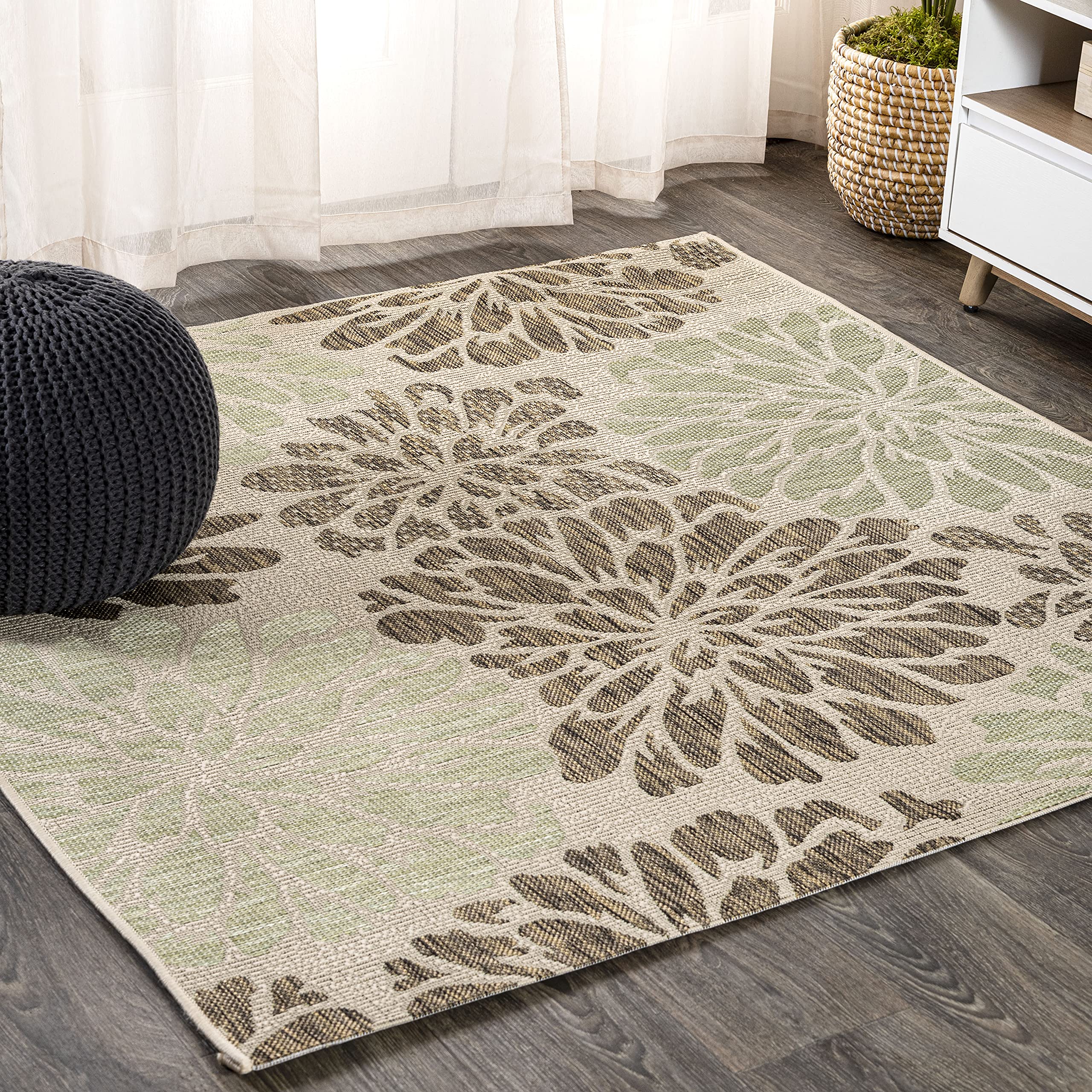 JONATHAN Y SMB110A-9SQ Zinnia Modern Floral Textured Weave Sage/Brown 9 Square Indoor/Outdoor Area Rug, Pet Friendly, Non-Shedd