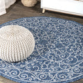 JONATHAN Y SMB106D-6R Charleston Vintage Filigree Textured Weave Navy/Gray 6 Round Indoor/Outdoor Area Rug, Pet Friendly, Non-S