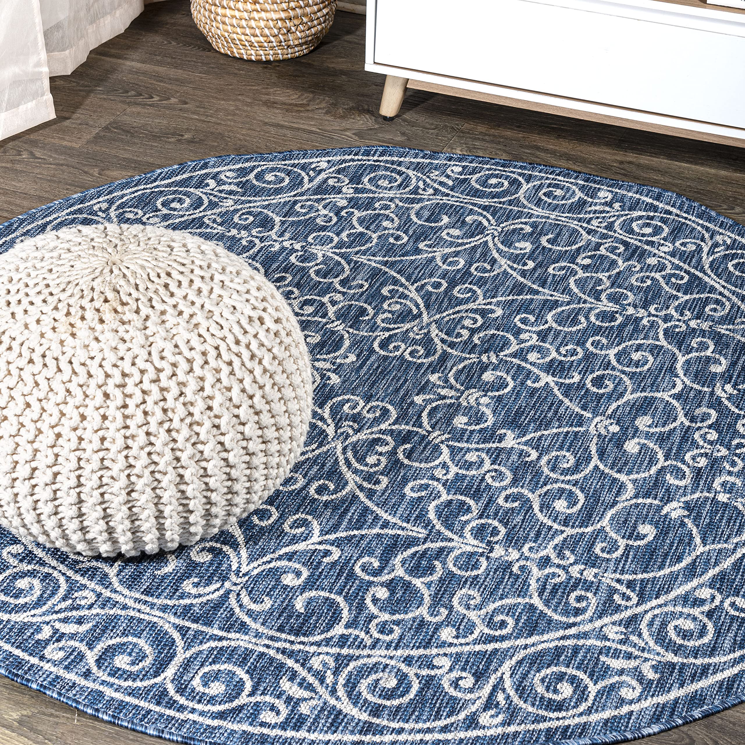 JONATHAN Y SMB106D-6R Charleston Vintage Filigree Textured Weave Navy/Gray 6 Round Indoor/Outdoor Area Rug, Pet Friendly, Non-S