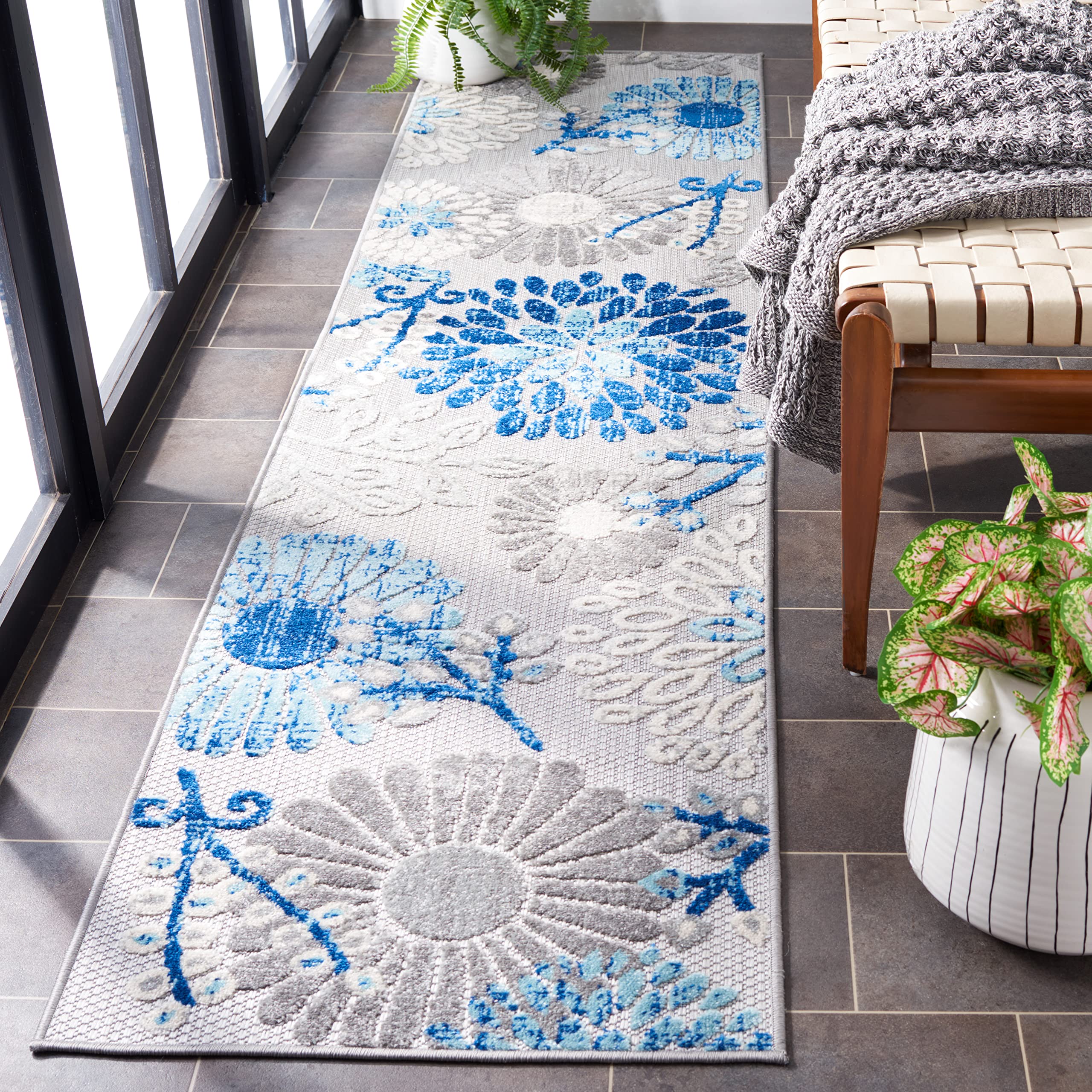SAFAVIEH Cabana Collection Runner Rug - 2 x 12, Grey & Blue, Floral Design, Non-Shedding & Easy Care, Indoor/Outdoor & Washabl