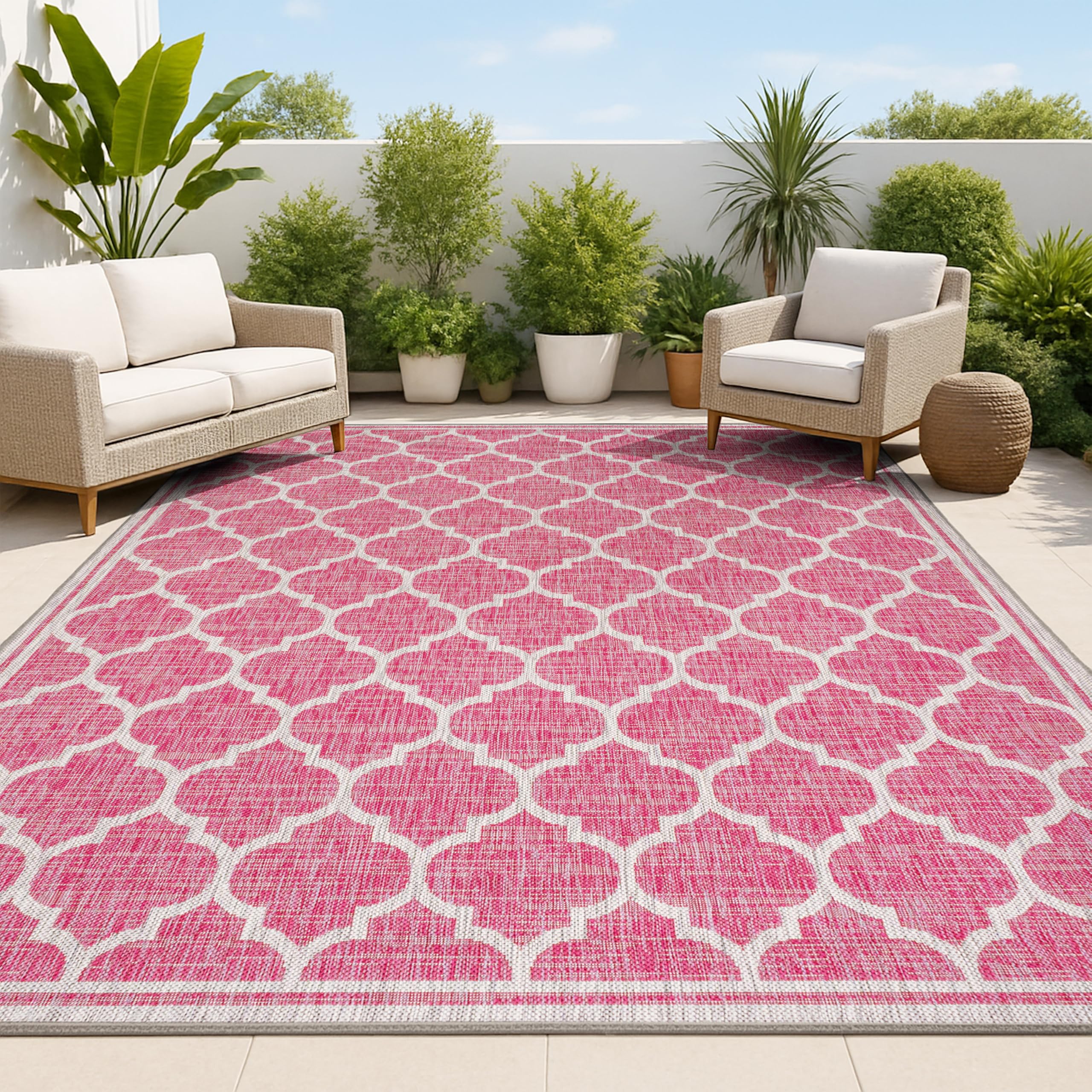 JONATHAN Y Moroccan Trellis Indoor Outdoor Area Rug 9X12 Fuchsia/Light Gray, Trebol Textured Weave for Backyard, Patio, Porch, E