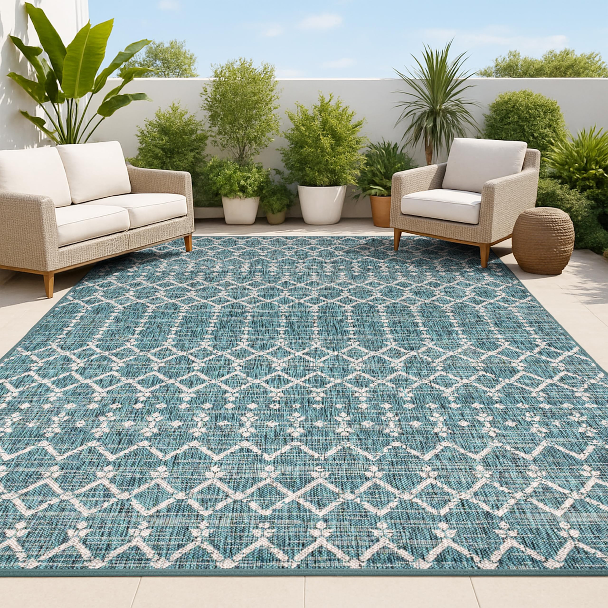 JONATHAN Y Moroccan Geometric Indoor Outdoor Area Rug 3X5 Teal/Gray, Ourika Textured Weave for Backyard, Patio, Porch, Easy-Clea