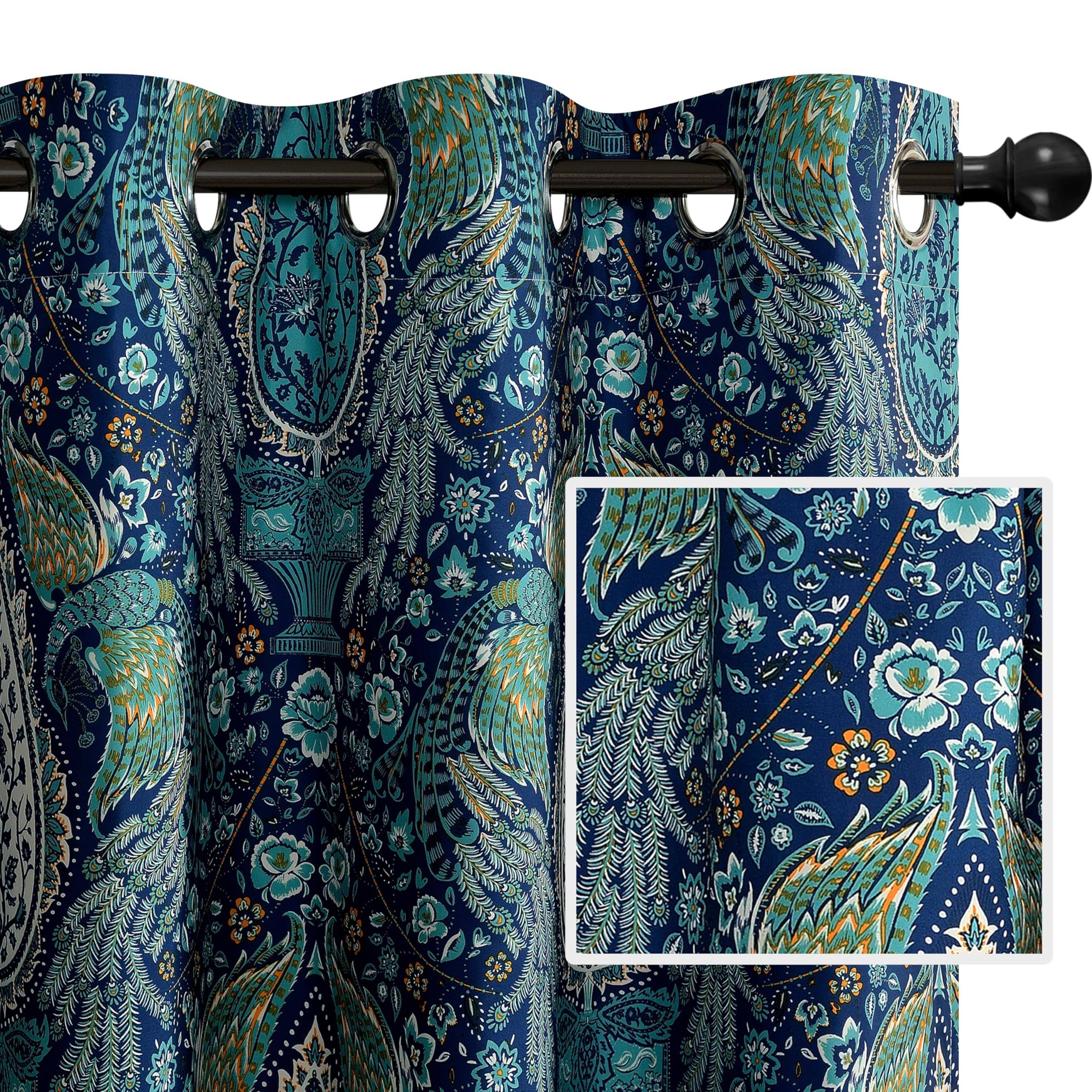 DriftAway Christmas Curtains for Bedroom 84 Inch Room Darkening Blackout Medallion Floral Peacock Pattern for Living Room Window