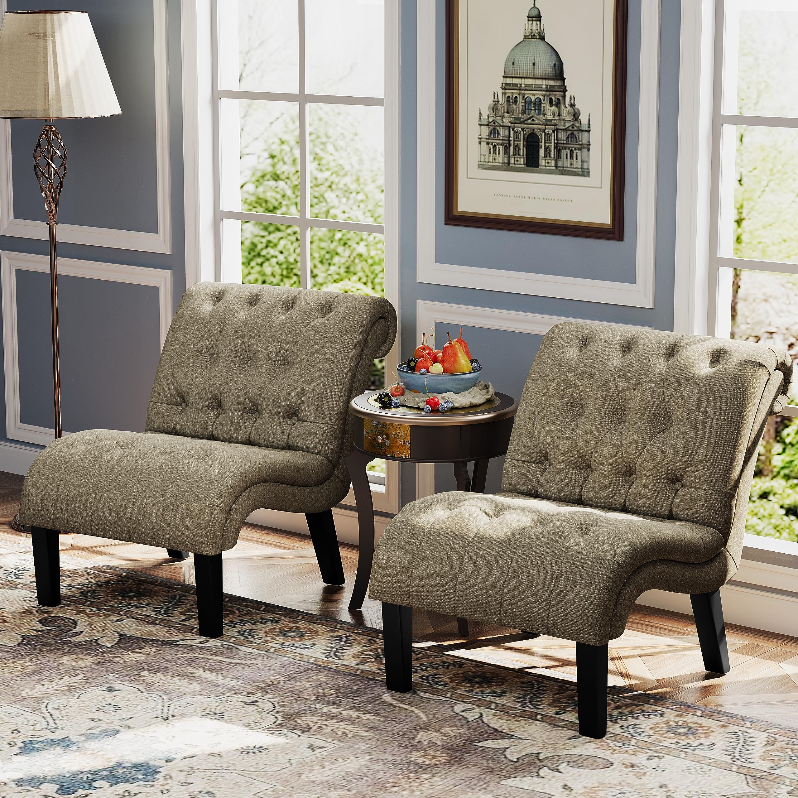 Yongqiang Accent Chairs Set of 2 Modern Armless Living Room Bedroom Side Chairs Button Tufted Upholstered Leisure Chair with Woo