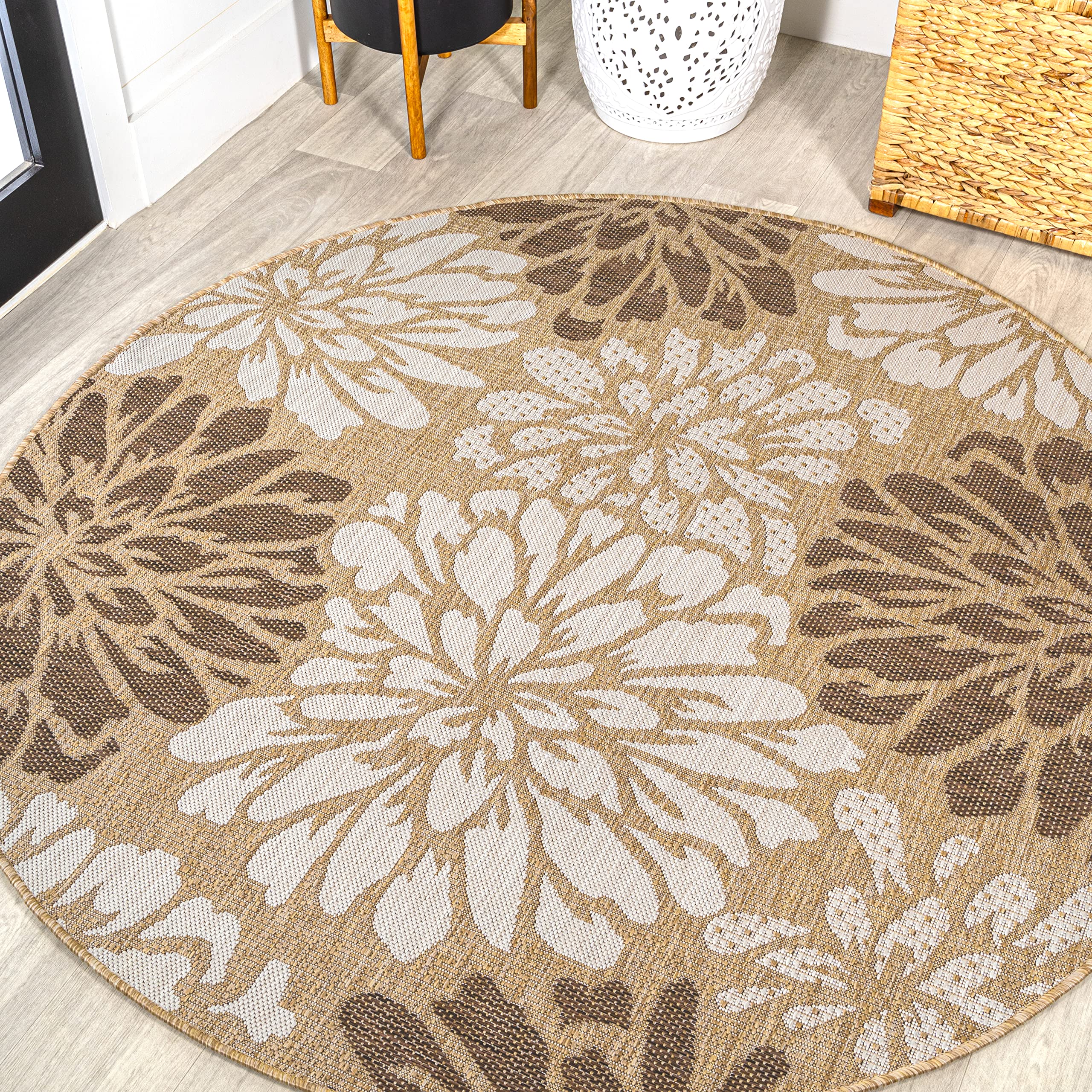 JONATHAN Y SMB110I-4R Zinnia Modern Floral Textured Weave Brown/Cream 4 Round Indoor/Outdoor Area Rug, Pet Friendly, Non-Sheddi