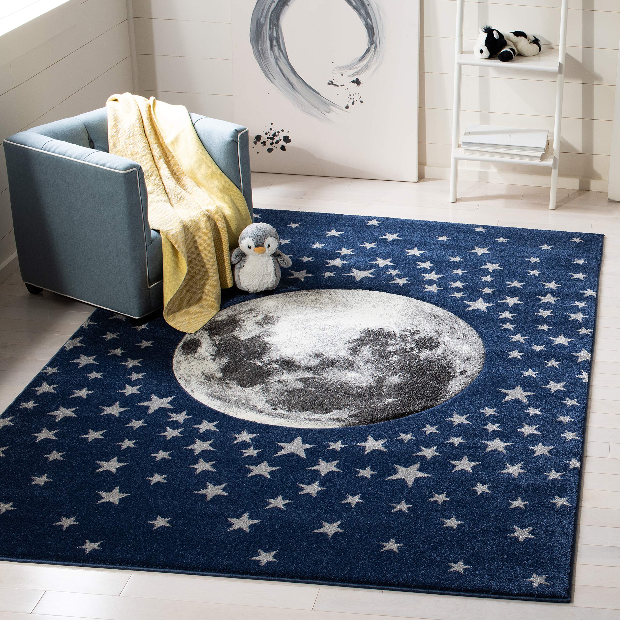 SAFAVIEH Carousel Kids Collection 8 Square Navy/Grey CRK135N Moon & Stars Non-Shedding Playroom Nursery Bedroom Area Rug