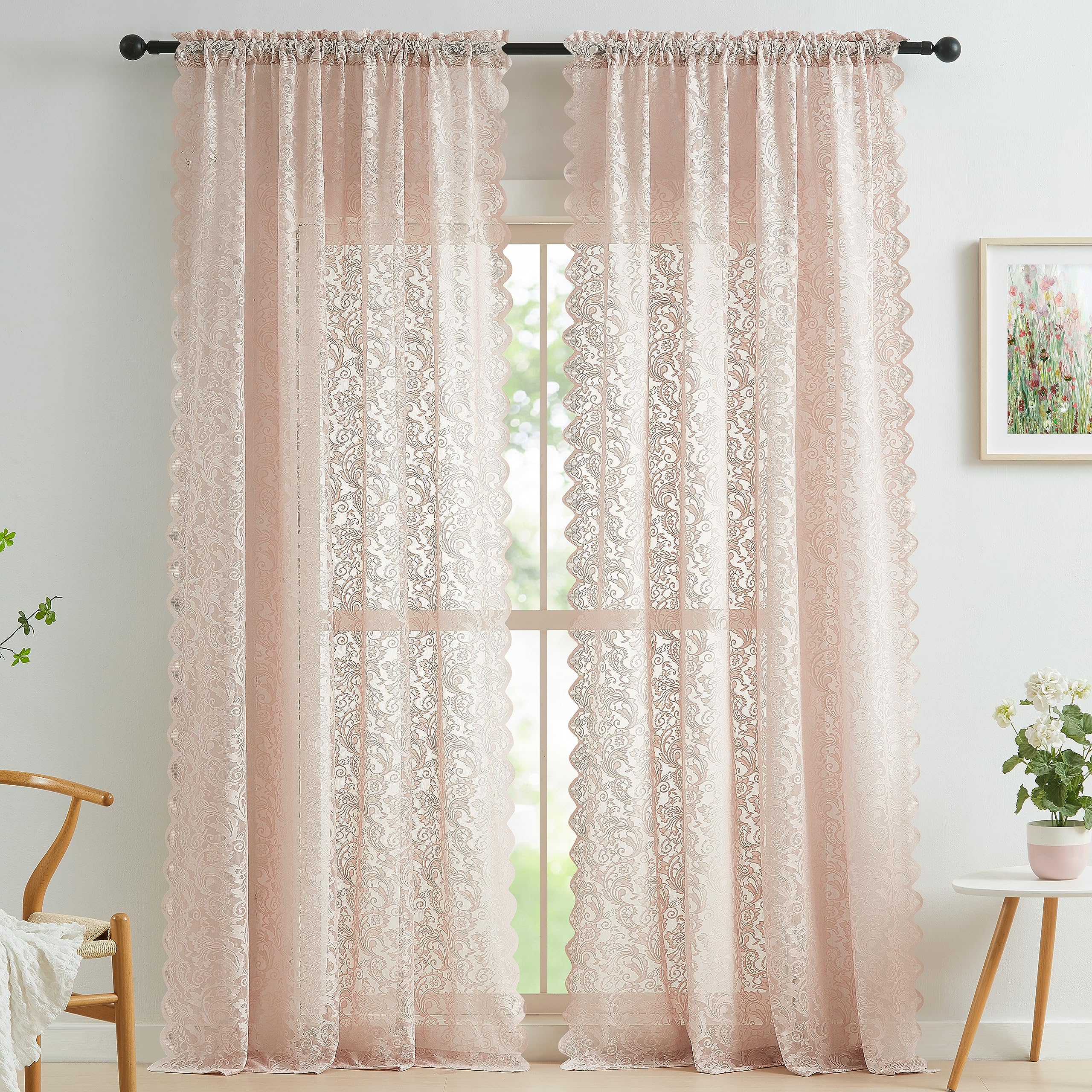 Bujasso Pink Lace Window Curtains Vintage Floral Sheer Curtain Panels 95 inch for Living Room Grils Bedroom Elegant Scalloped Li