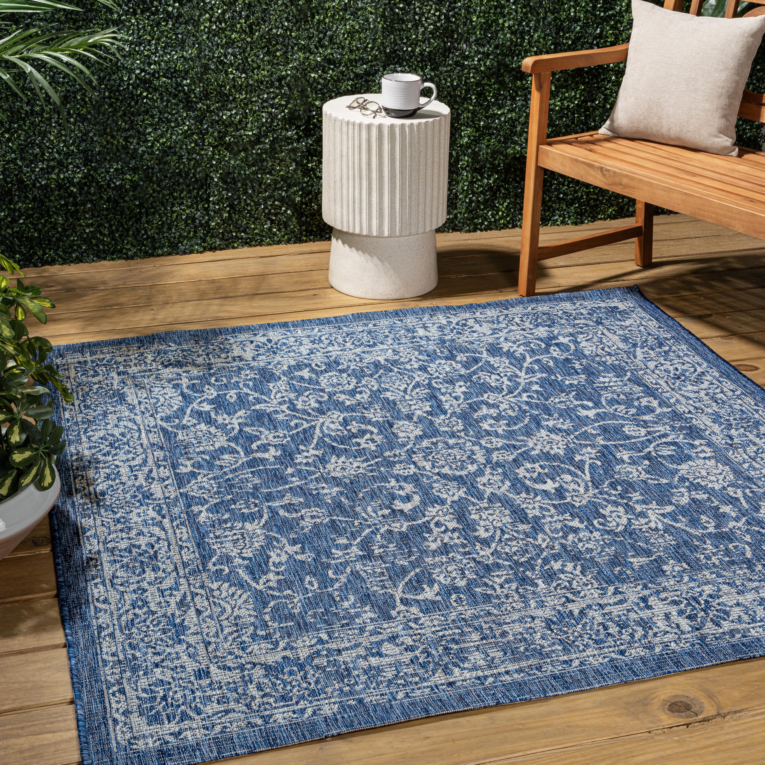 JONATHAN Y SMB100B-4SQ Tela Bohemian Textured Weave Floral Navy/Gray 4 Square Indoor/Outdoor Area Rug, Pet Friendly, Non-Sheddi